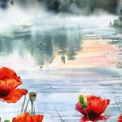 Amanecer - Pintura original en acuarela sobre papel: paisaje floral abstracto