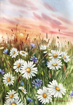 Sunset Daisies - Original Abstract Floral Landscape Watercolor Painting on Paper