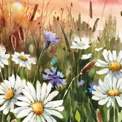 Sunset Daisies - Original Abstract Floral Landscape Watercolor Painting on Paper