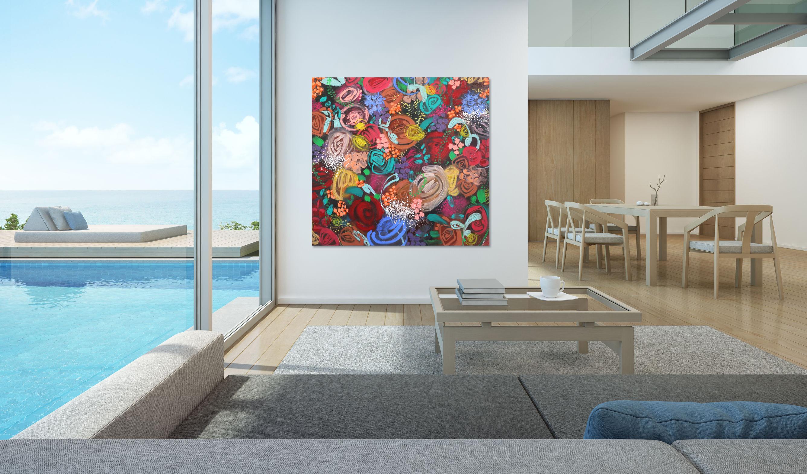 Bloom I - Obra de Arte Floral Abstracta en Técnica Mixta sobredimensionada - Painting de Sally K