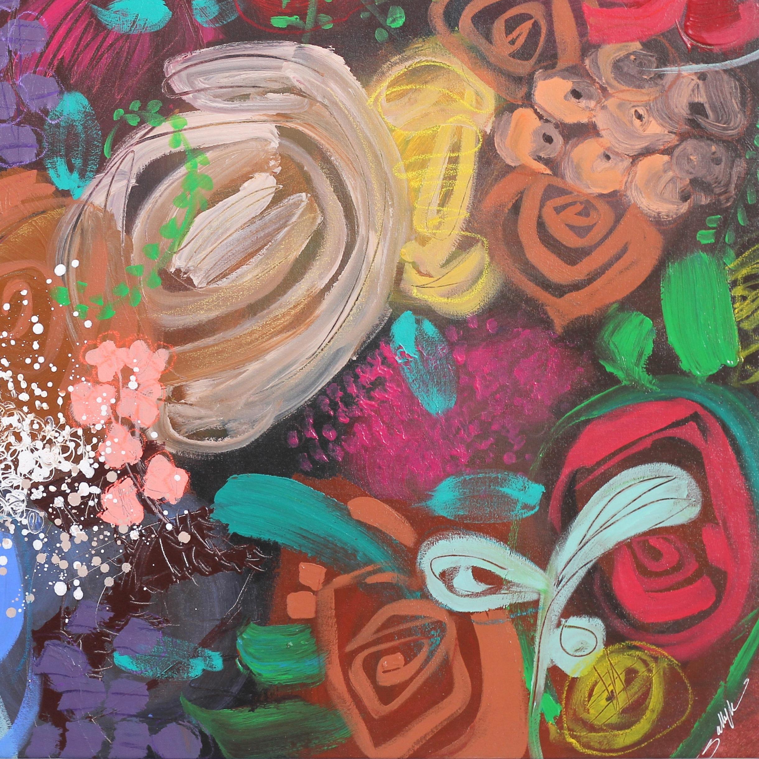 Bloom I - Obra de Arte Floral Abstracta en Técnica Mixta sobredimensionada en venta 3