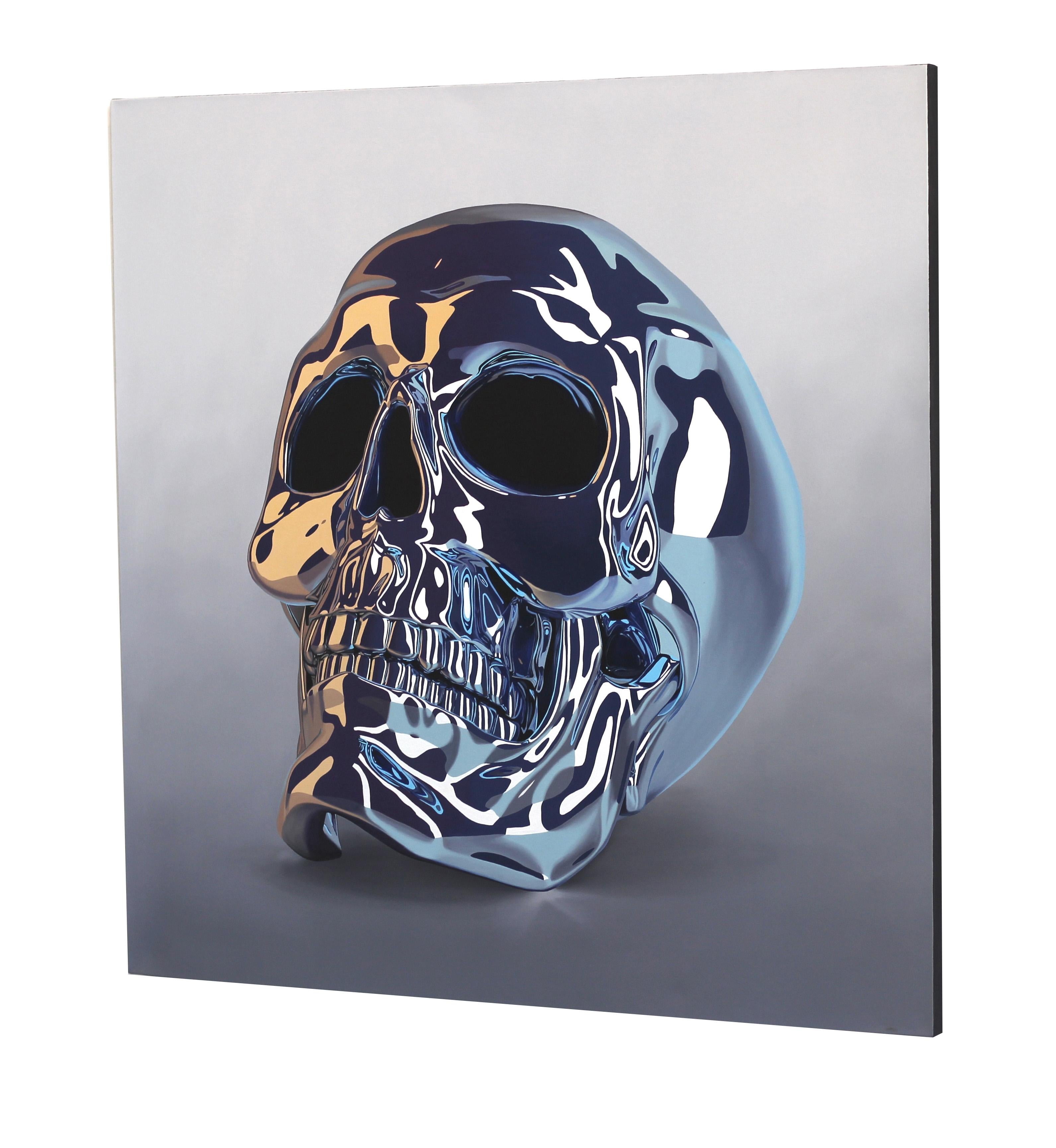 Skull Blue - Gray Abstract Painting by Jose Carlos Zubiaur