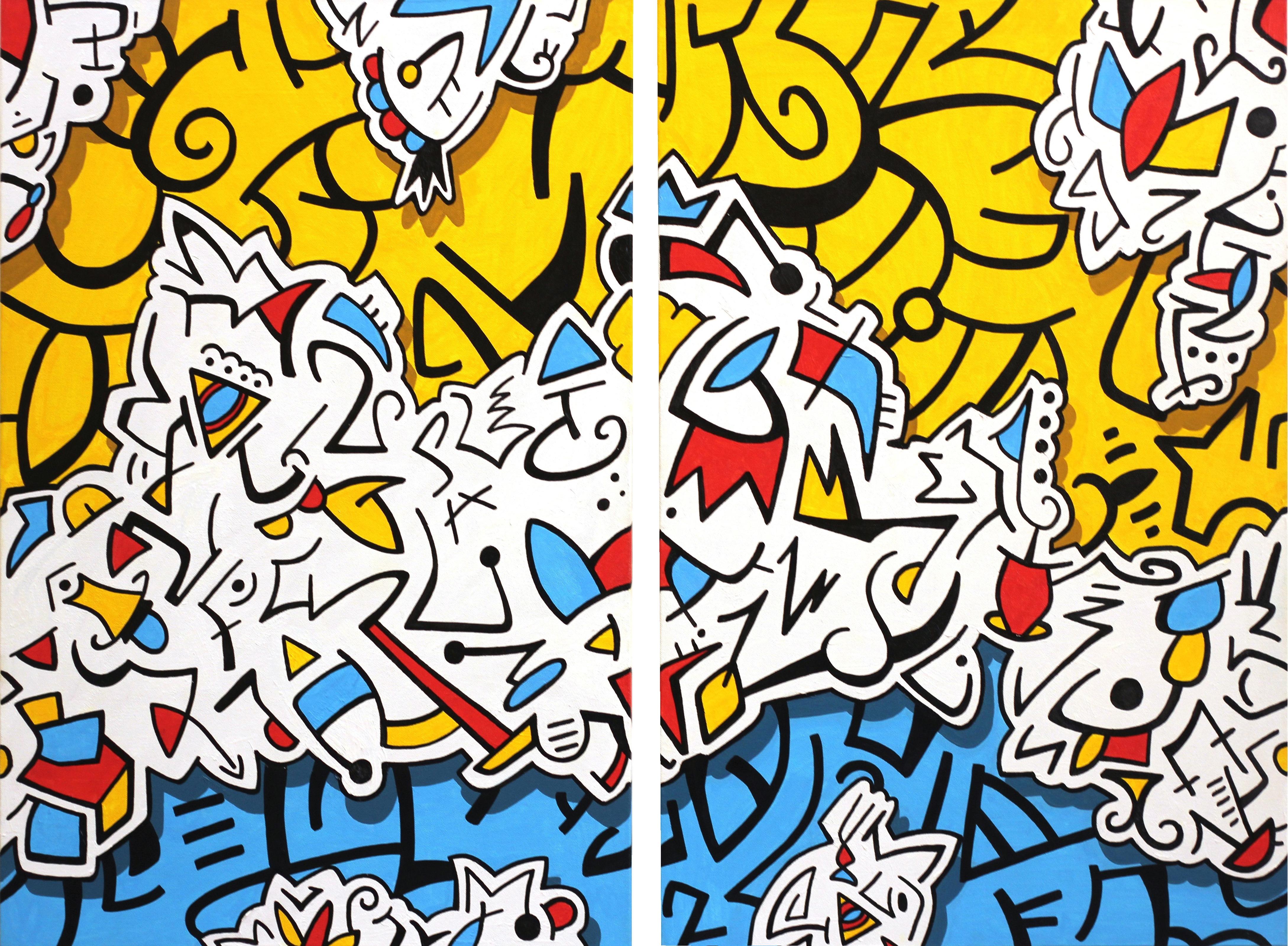 Recycelte Decken – Original, von Graffiti inspiriertes Kunstwerk (Diptychon) 