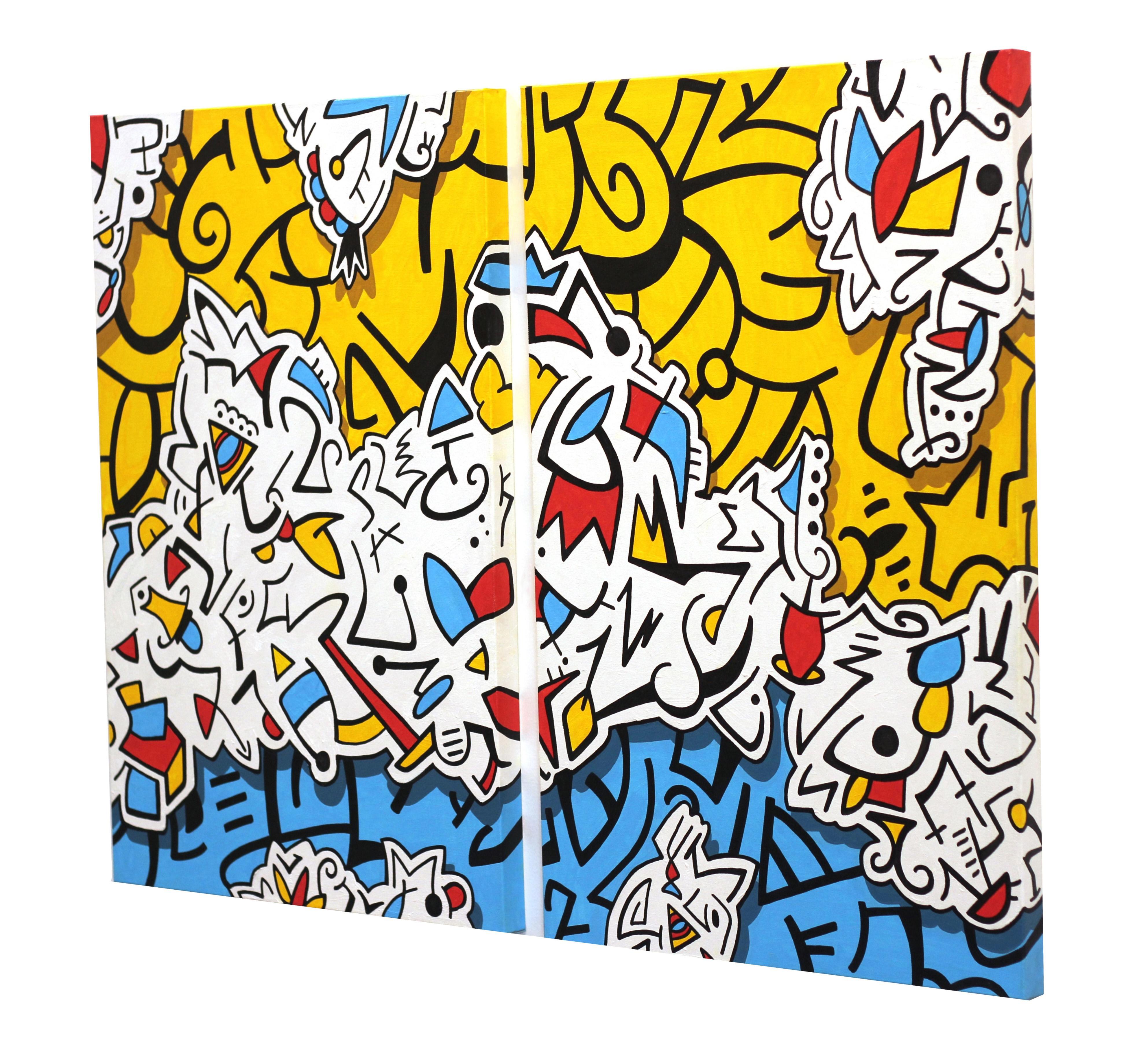 Recycelte Decken – Original, von Graffiti inspiriertes Kunstwerk (Diptychon)  (Gelb), Abstract Painting, von Ilan Leas