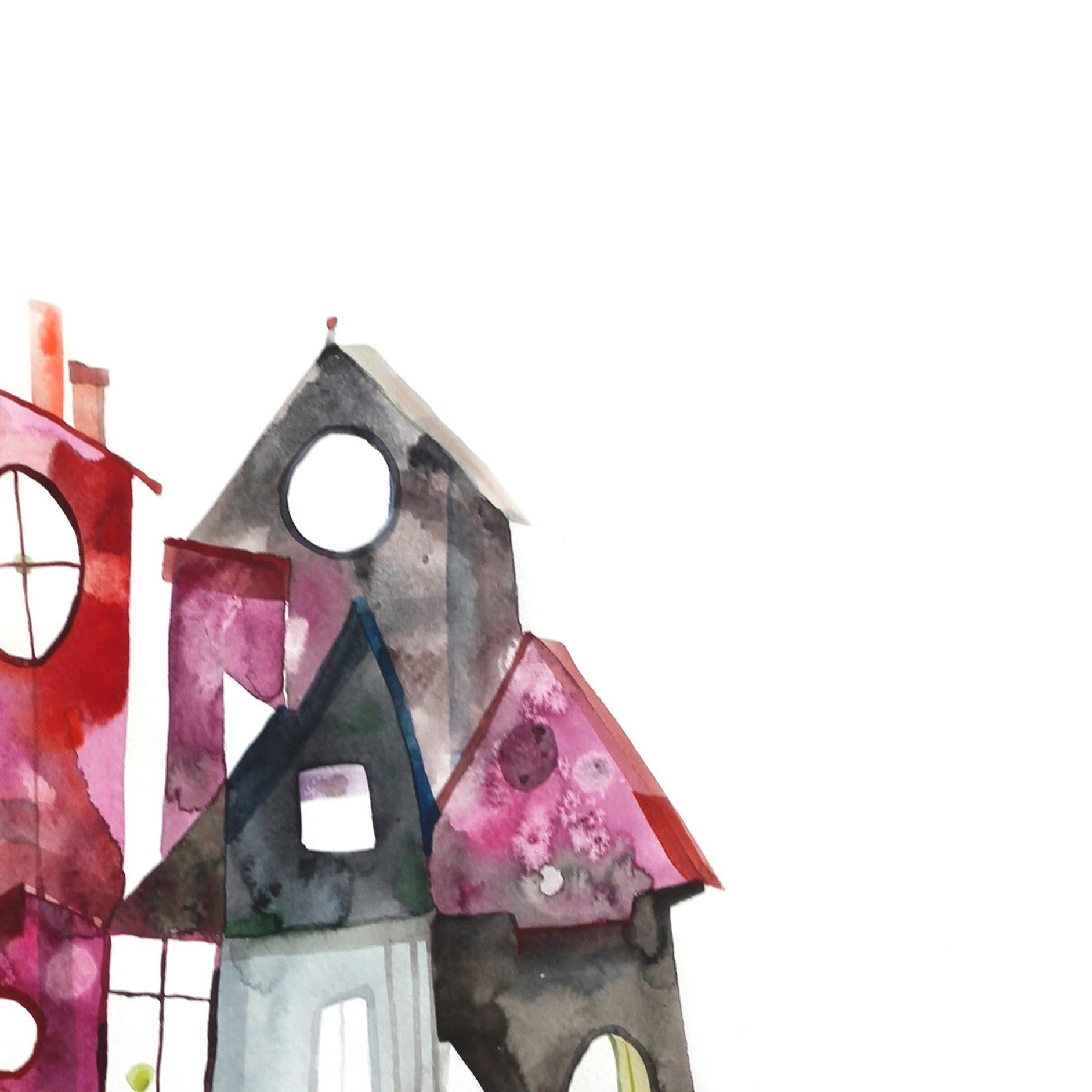 House of Magenta - Original Playful House Home Watercolor Painting - Abstract Impressionist Art by Maria C. Bernhardsson