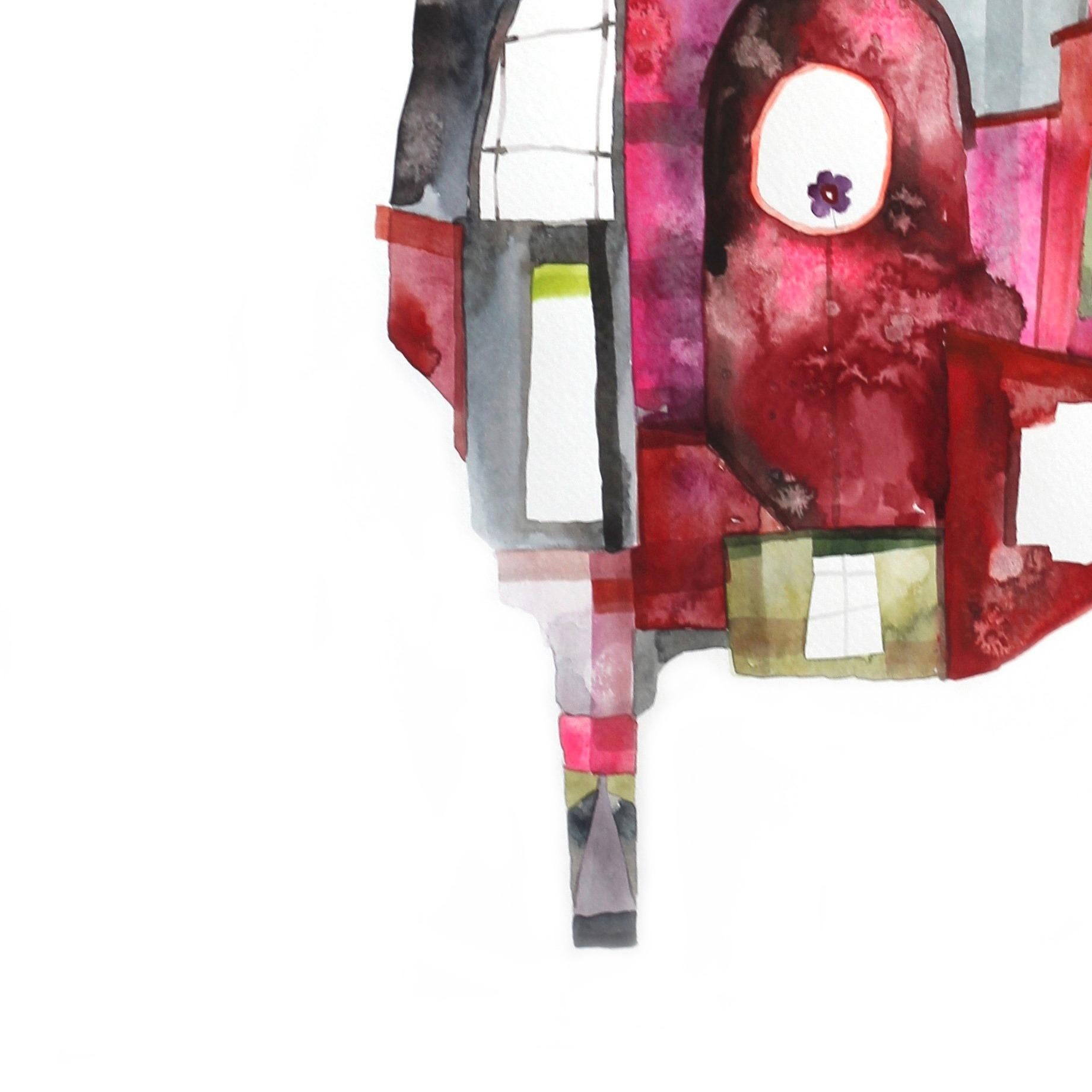 House of Magenta - Original Playful House Home Watercolor Painting - Pink Animal Art by Maria C. Bernhardsson