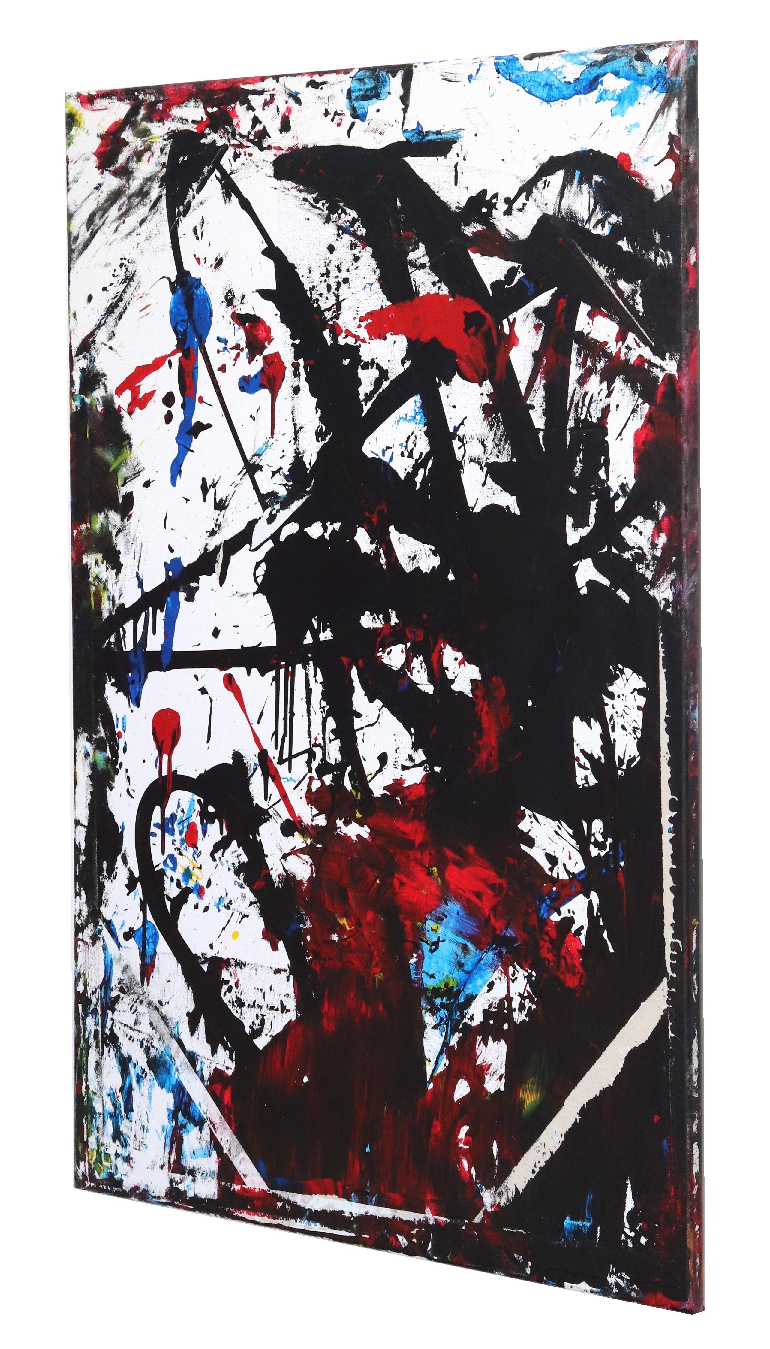 0522 - Original Abstraktes abstraktes Schwarz-Weiß-, Rot- und Blau-expressionistisches Aktionsgemälde im Angebot 1