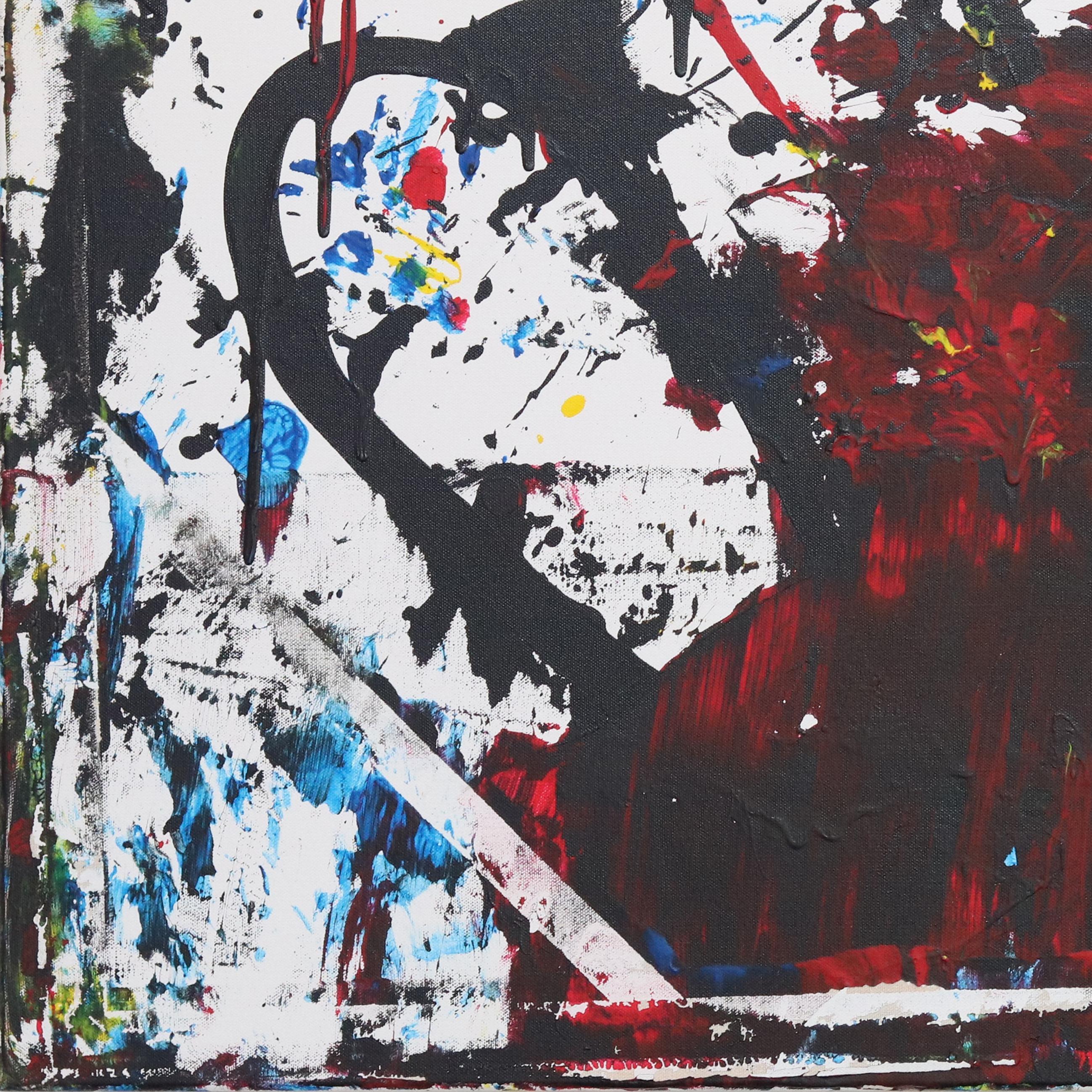 0522 - Original Abstraktes abstraktes Schwarz-Weiß-, Rot- und Blau-expressionistisches Aktionsgemälde im Angebot 4