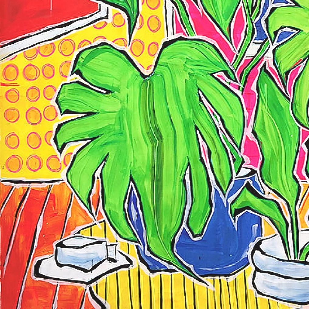 English artist Jonjo Elliot's large scale still life works are a collision of expressionistic fauvism and his collections encourage a youthful candor. Plants thrive in environments the viewer wants to immerse themselves in. He’s interested in the
