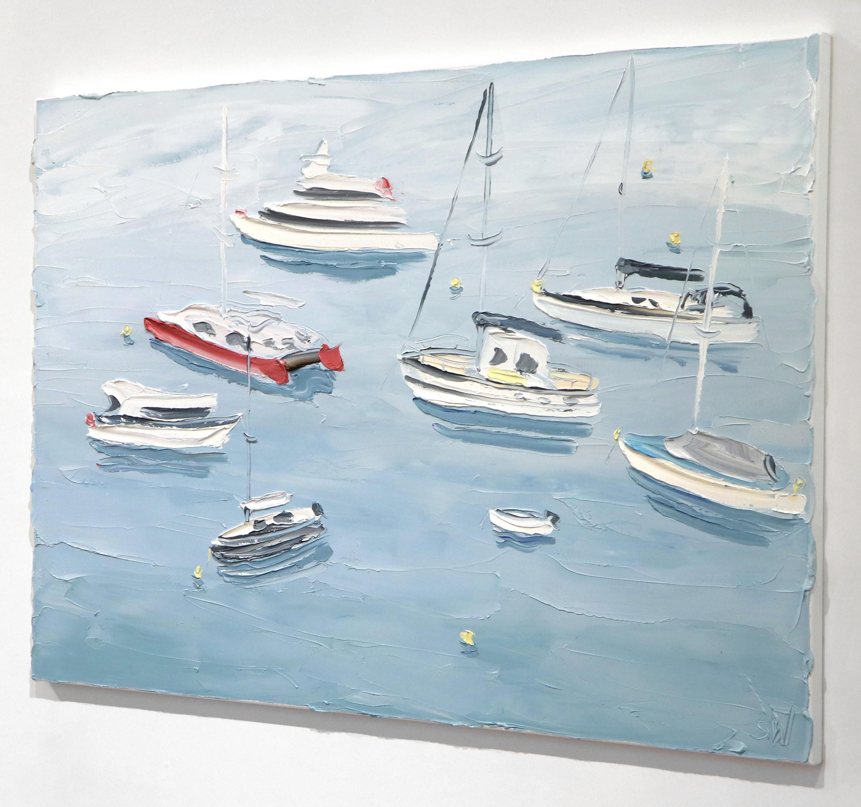 Berry's Bay (20.11.18) - Gran pintura al óleo original sobre lienzo de barco marítimo - Abstract Painting Azul de Sally West