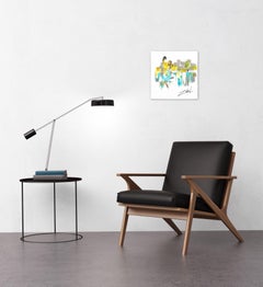 Sunny Bistro - Happy Couple Turquoise Yellow Textural Figurative Painting