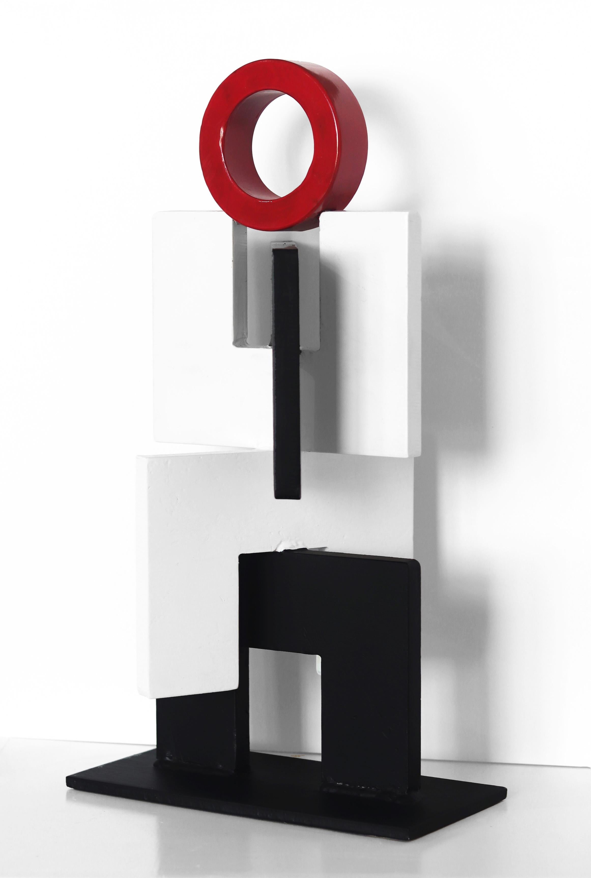Red Head #3 - Black, White, and Red Figurative Industrial Metal Sculpture For Sale 1
