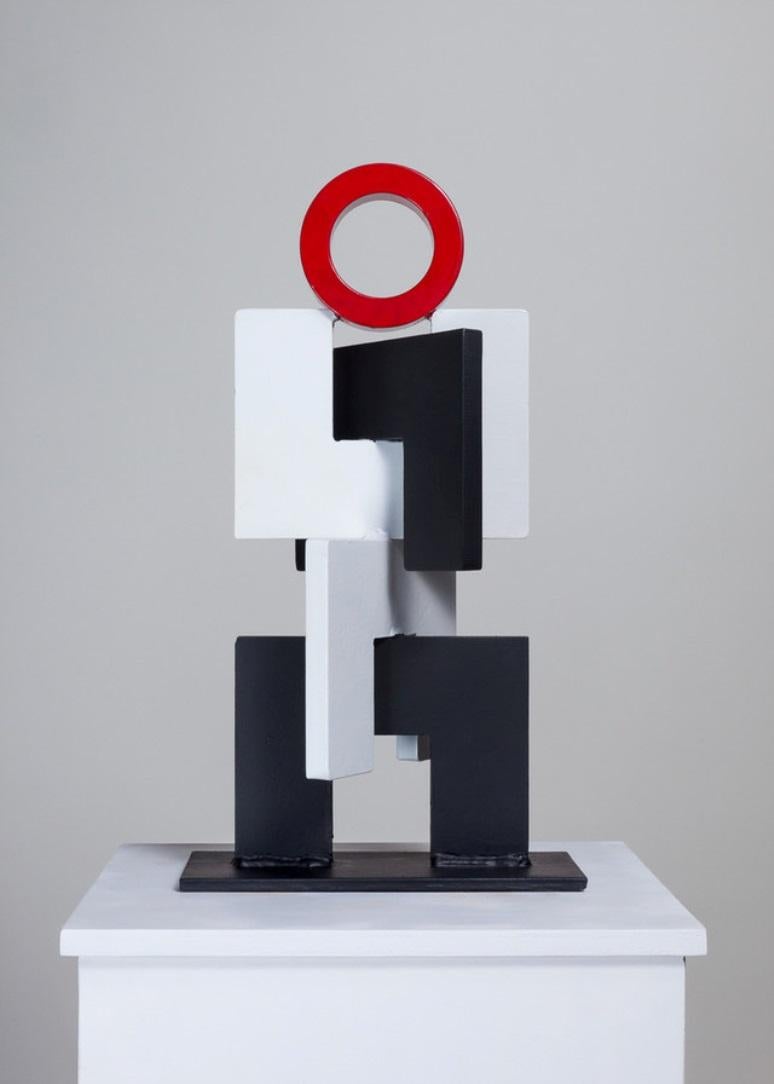 Red Head #3 - Black, White, and Red Figurative Industrial Metal Sculpture For Sale 8