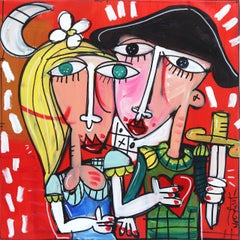 Couple In Love - Original Figurative Cubist Painting on Canvas