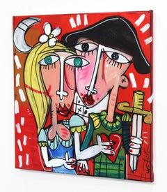 Paar in Liebe - Original figuratives kubistisches Gemälde auf Leinwand