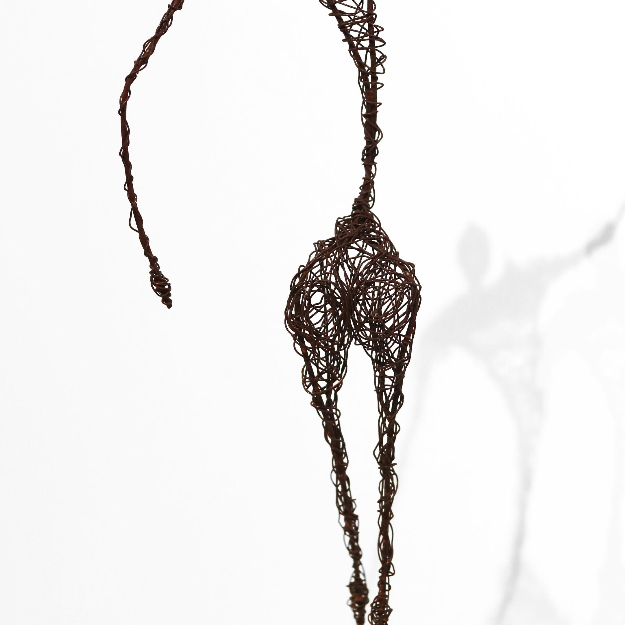 Les figures métalliques de Susy Hunziker sont le résultat d'une exploration des formes, des couleurs et des sentiments, et reflètent un amour de la vie et de l'esthétique. Le fil de fer brun rouille est enroulé méticuleusement en différentes