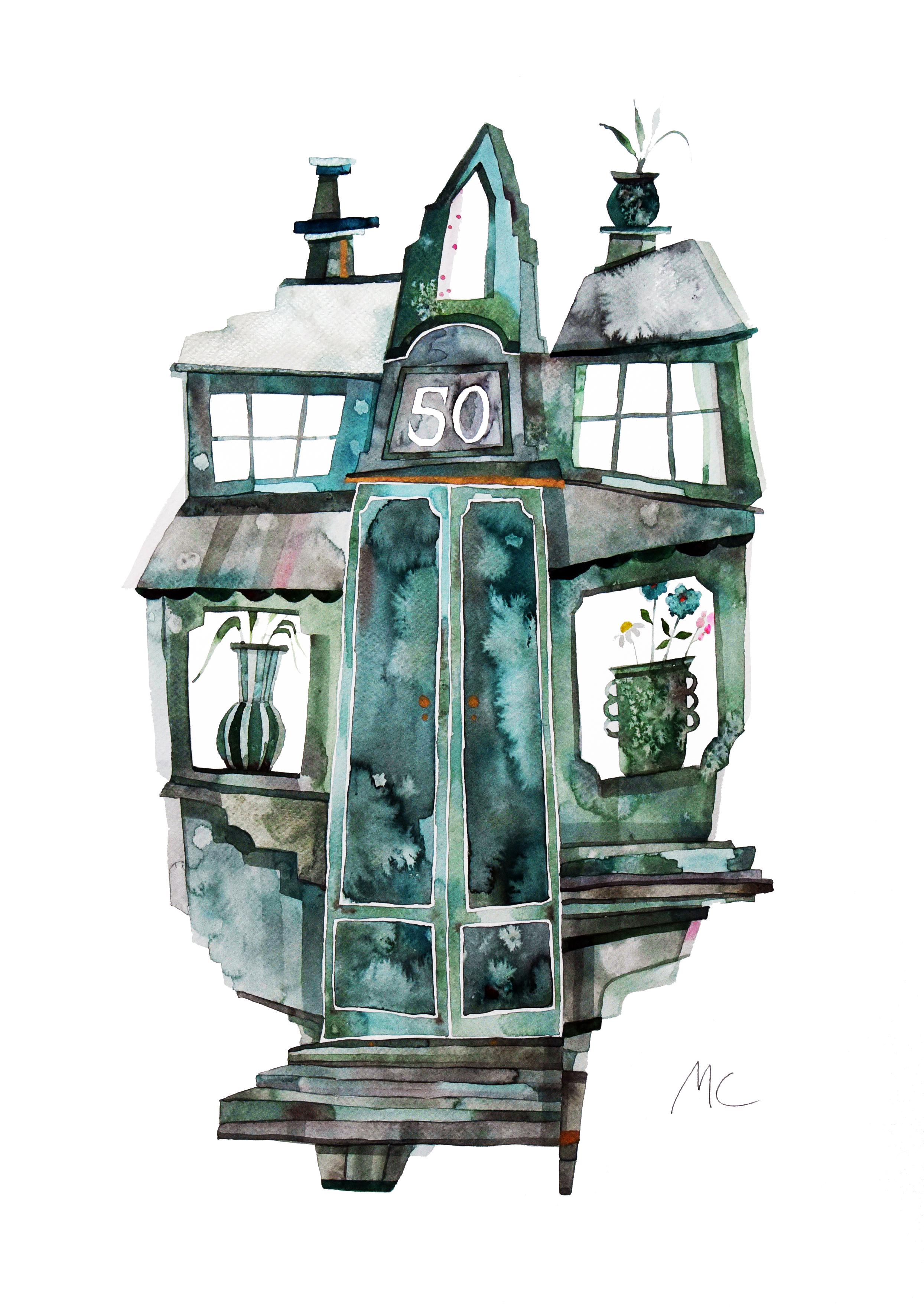 New York n. 50 - Casa acquerellata Pittura originale Arte giocosa Whimiscal
