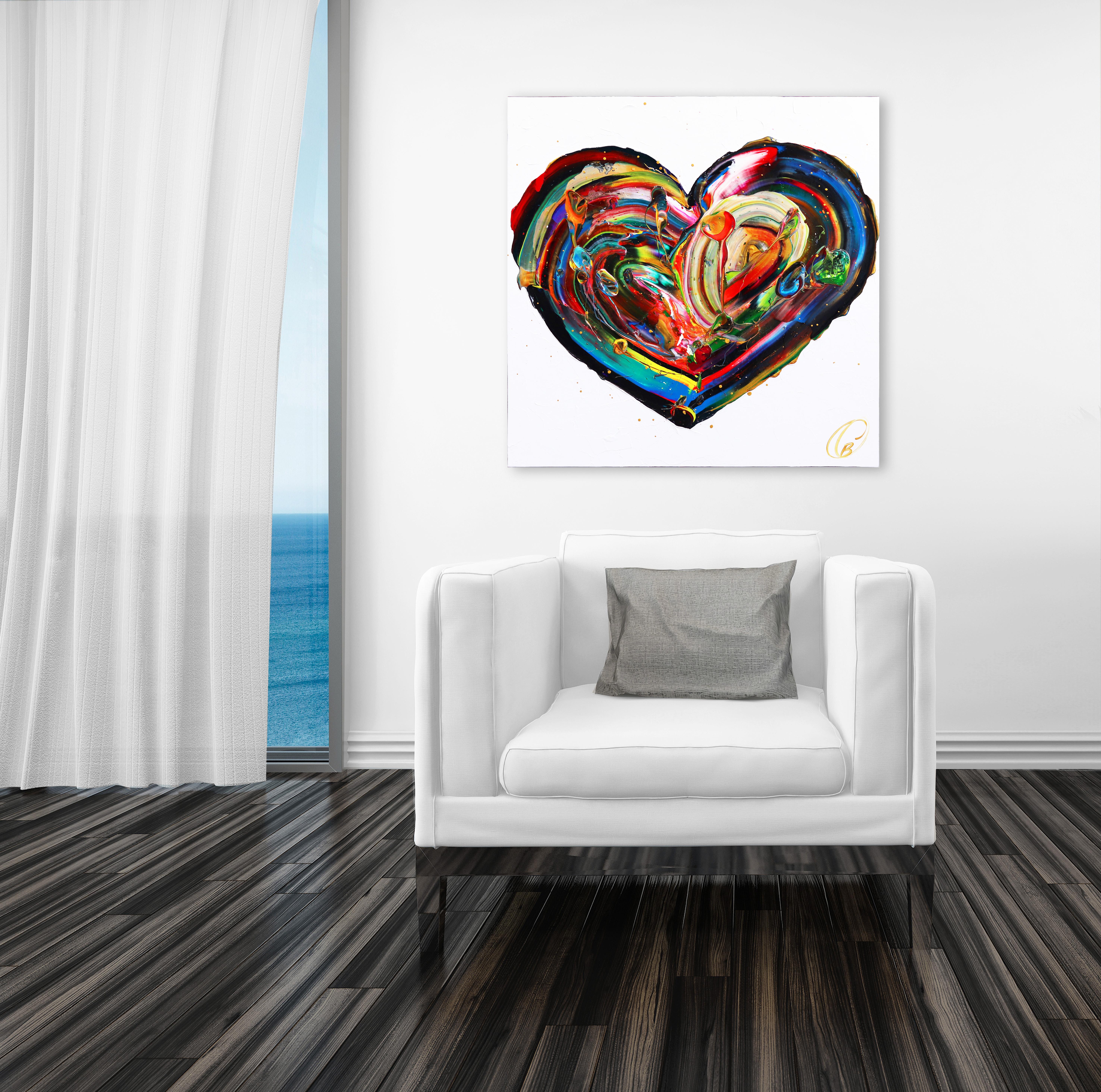 Love Wins - Impasto Thick Paint Original Colorful Heart Artwork - Painting by Cynthia Coulombe Bégin