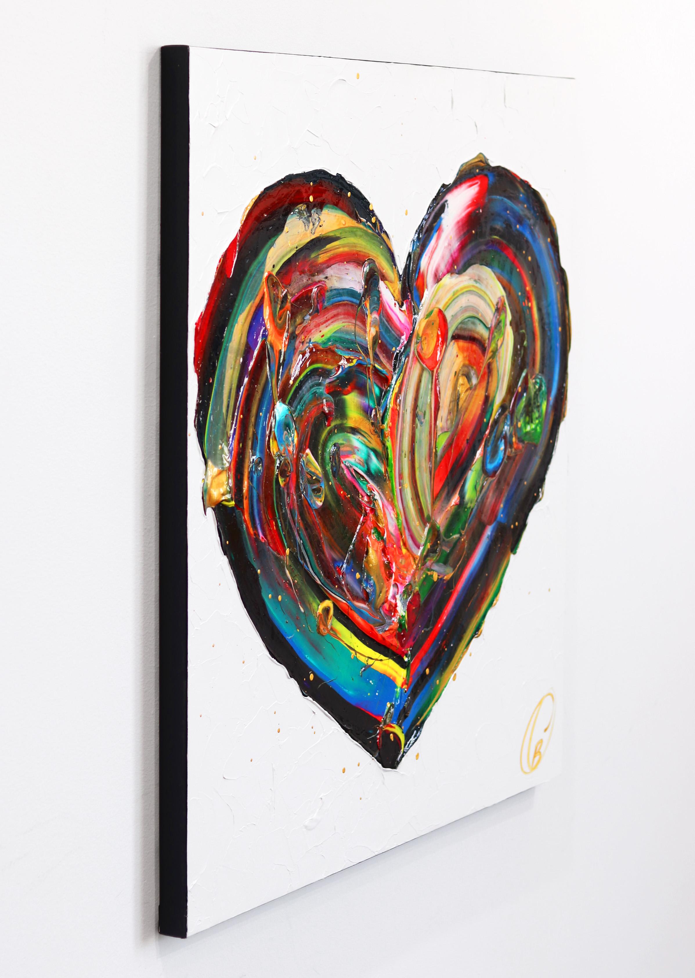 Love Wins - Impasto Thick Paint Original Colorful Heart Artwork - Brown Abstract Painting by Cynthia Coulombe Bégin