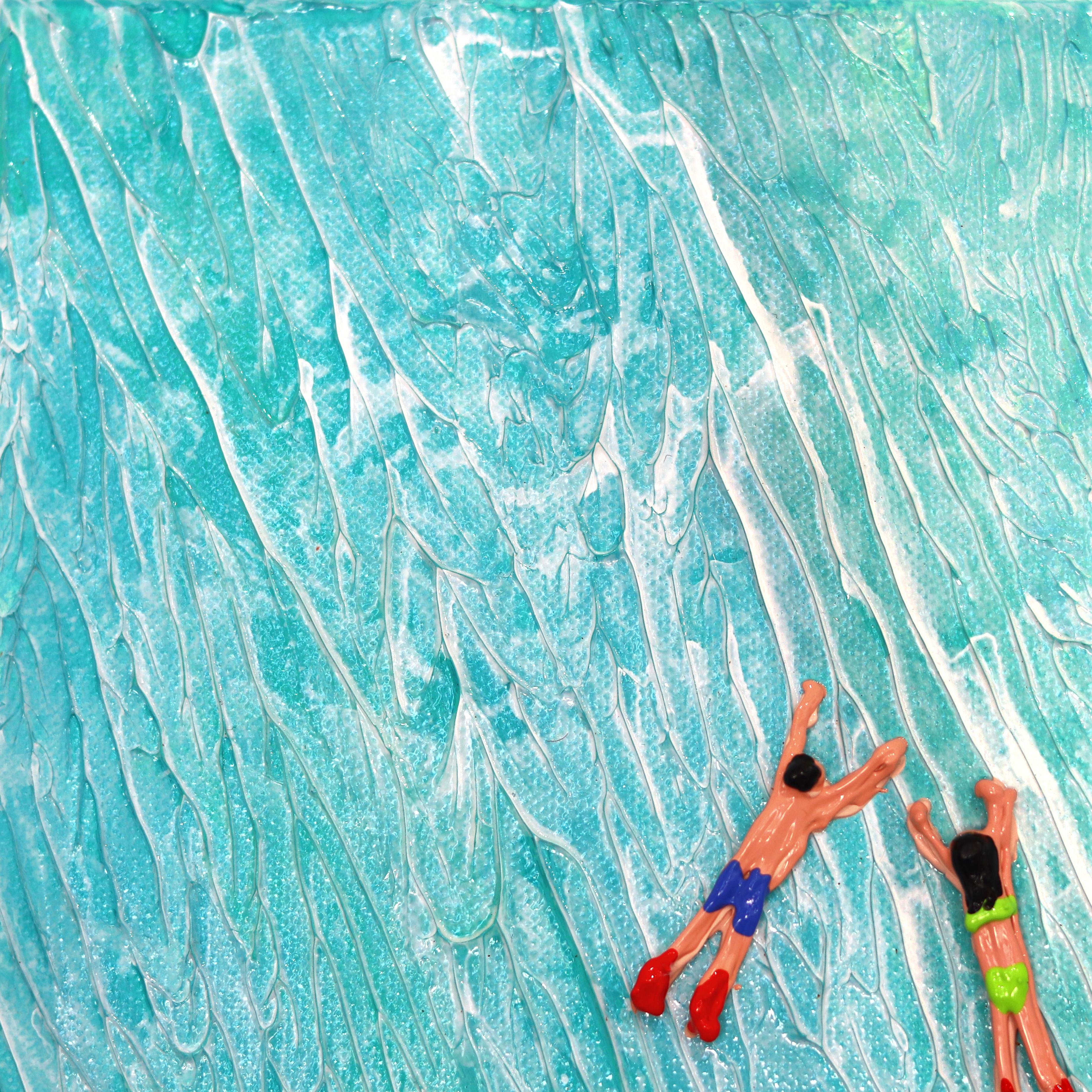 The textural aerial ocean and beach scene paintings of Elizabeth Langreiter are a delightful escape from reality into a playful and joyful world. Her mixed-media art often evokes the viewer to experience happy flashbacks to a favorite time or place
