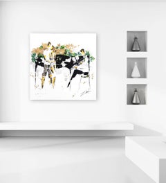 Palm Springs Vibe - Großes figuratives Gemälde mit schwarzem und weißem Klavierspiel