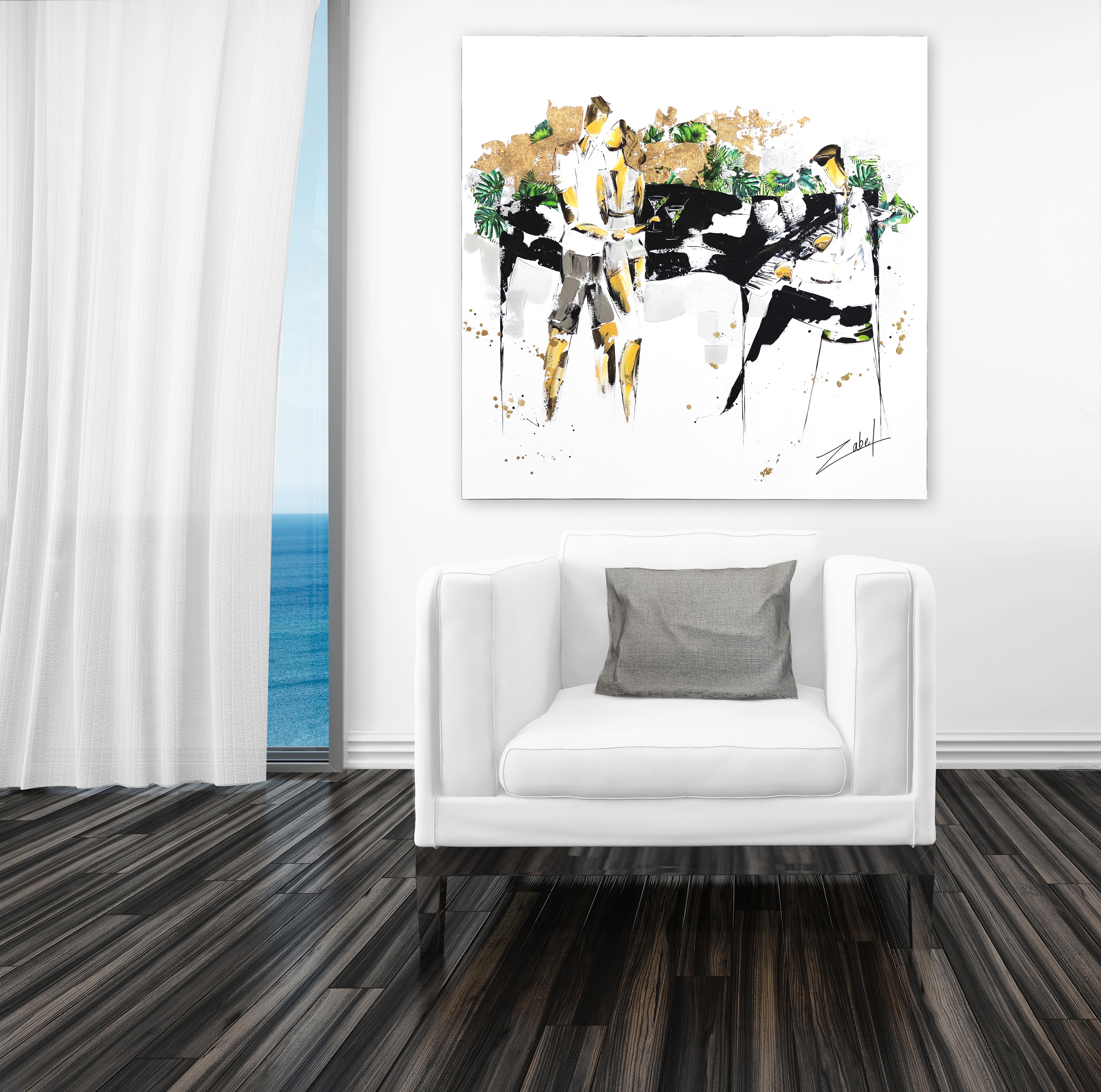 Palm Springs Vibe - Großes figuratives Gemälde mit schwarzem und weißem Klavierspiel im Angebot 3