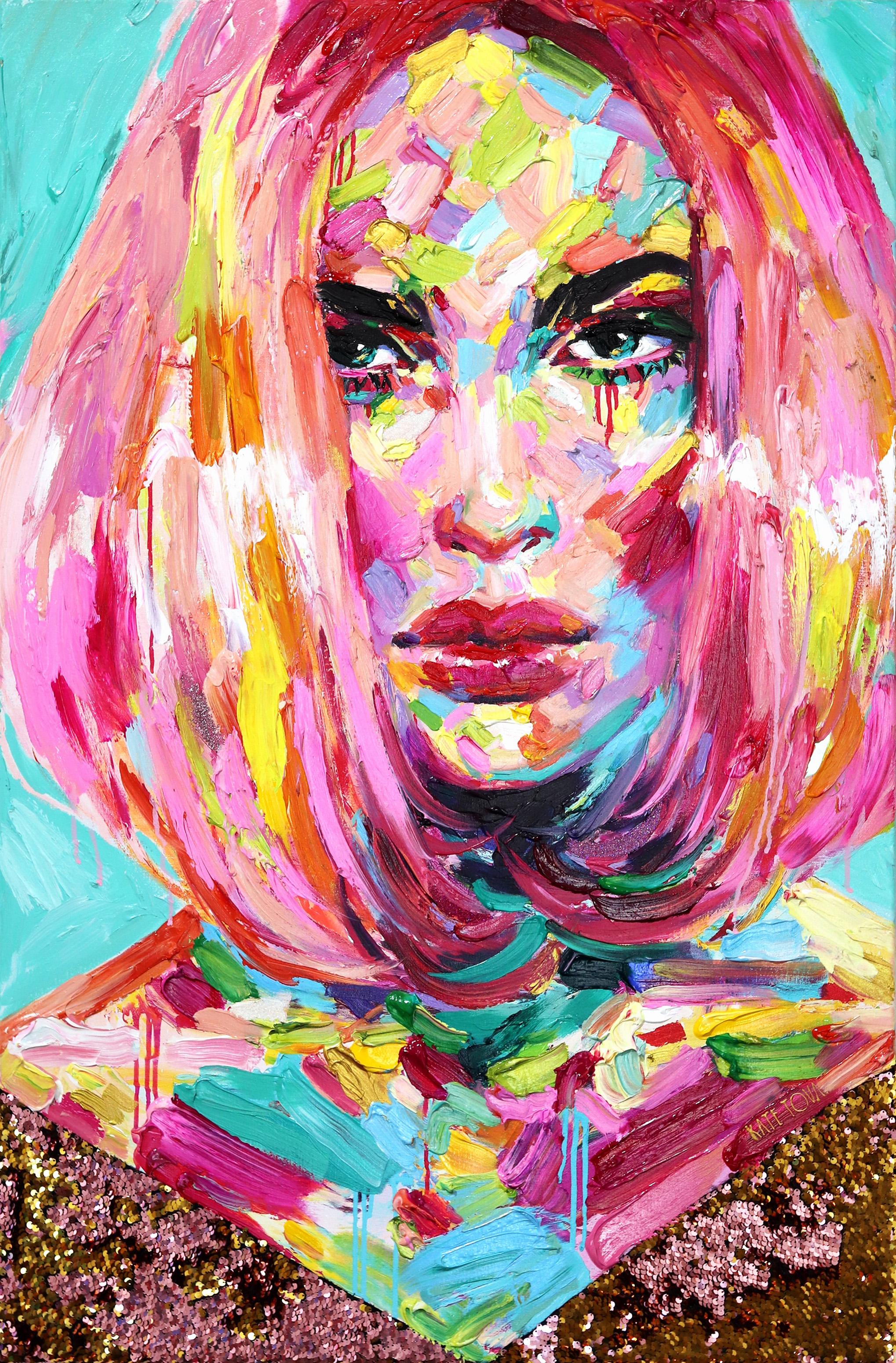Christy – Originales farbenfrohes, strukturiertes, rosa-blaues Originalporträt – Mixed Media Art von Kate Tova
