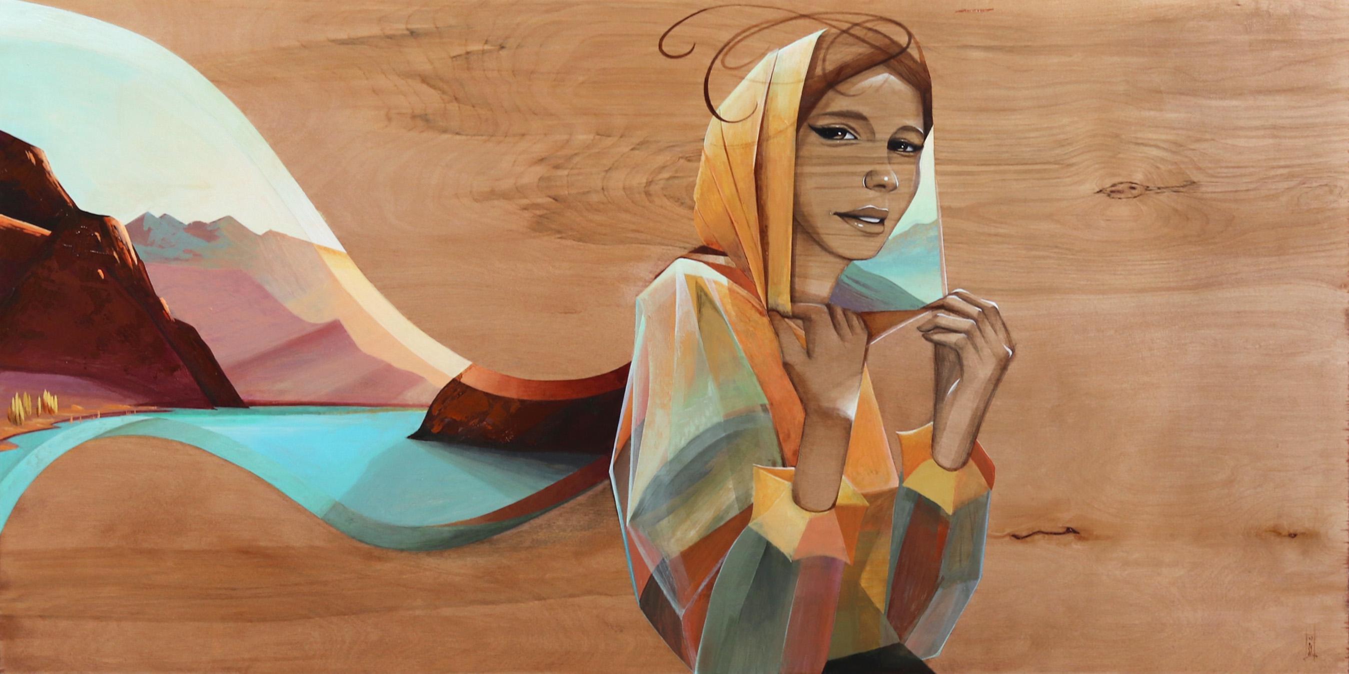 Zahra - Opera d'arte figurativa originale su pannello di legno Donna colorata