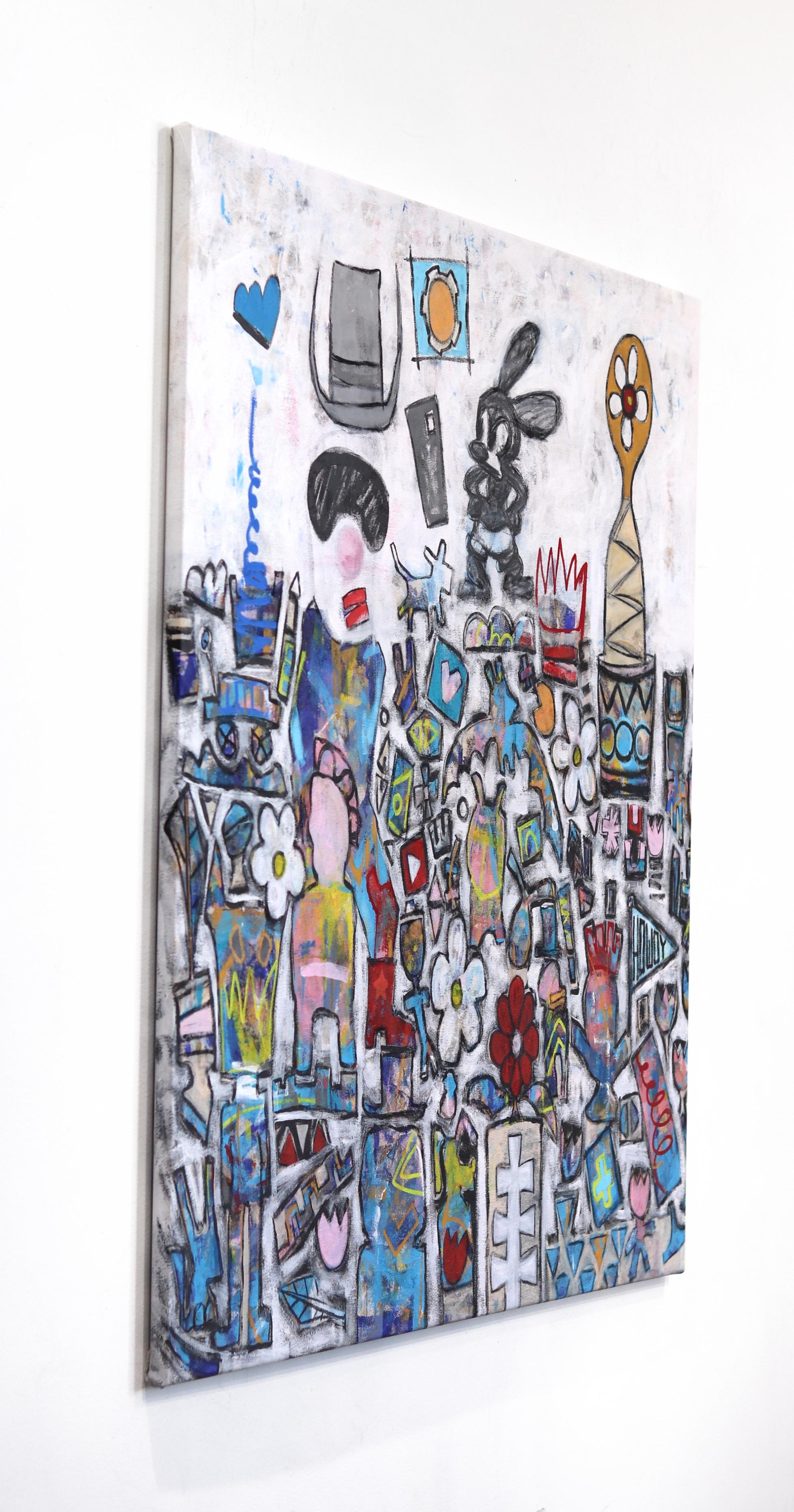 Oswald le lapin ! Grande peinture pop art néo-expressionniste inspirée  - Gris Abstract Painting par Tommy Lennartsson