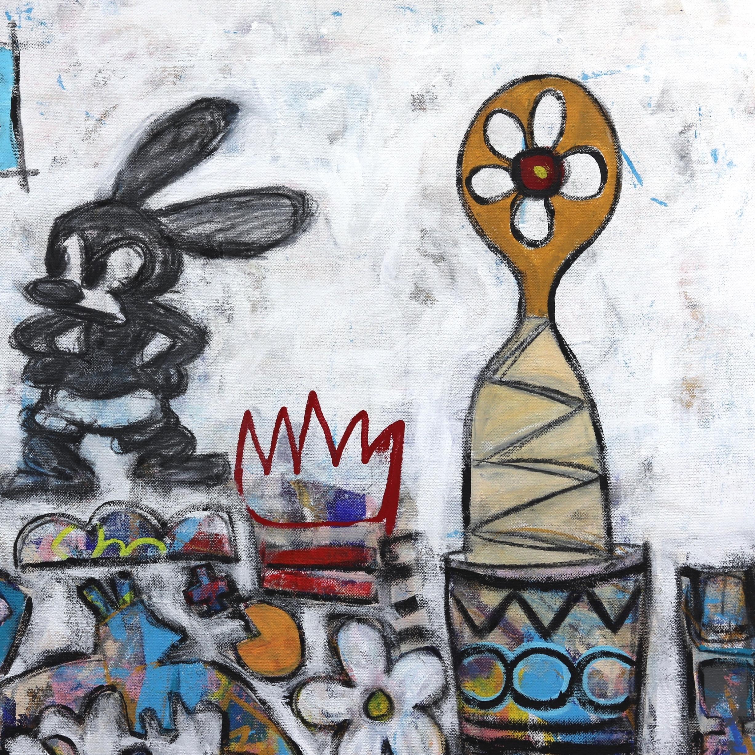 Oswald the Rabbit! Large Colorful Ispiring Neo-Expressionist Pop Art Painting  - Gray Abstract Painting by Tommy Lennartsson