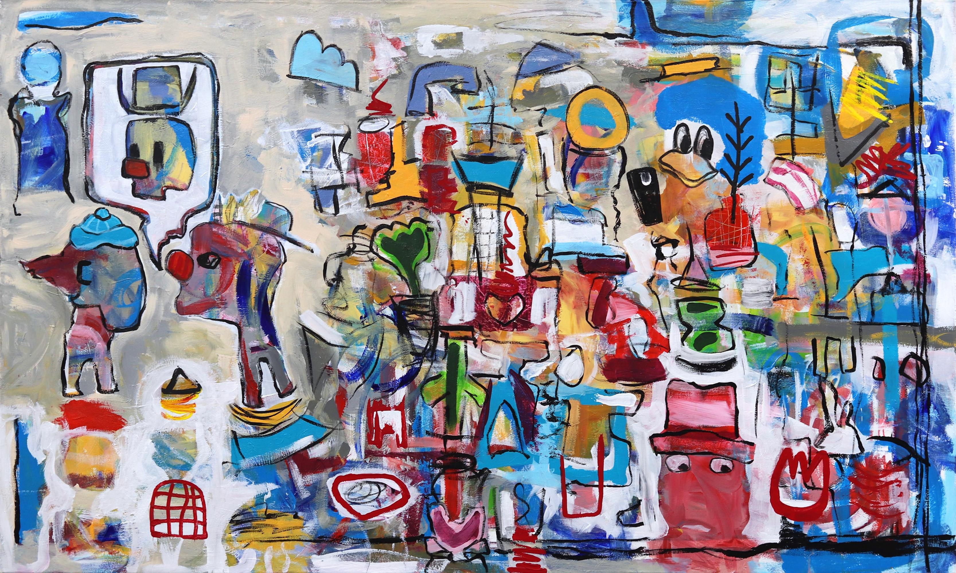Clown County Fair - Großes farbenfrohes figuratives abstraktes Kunstwerk im neoexpressionistischen Stil – Mixed Media Art von Tommy Lennartsson