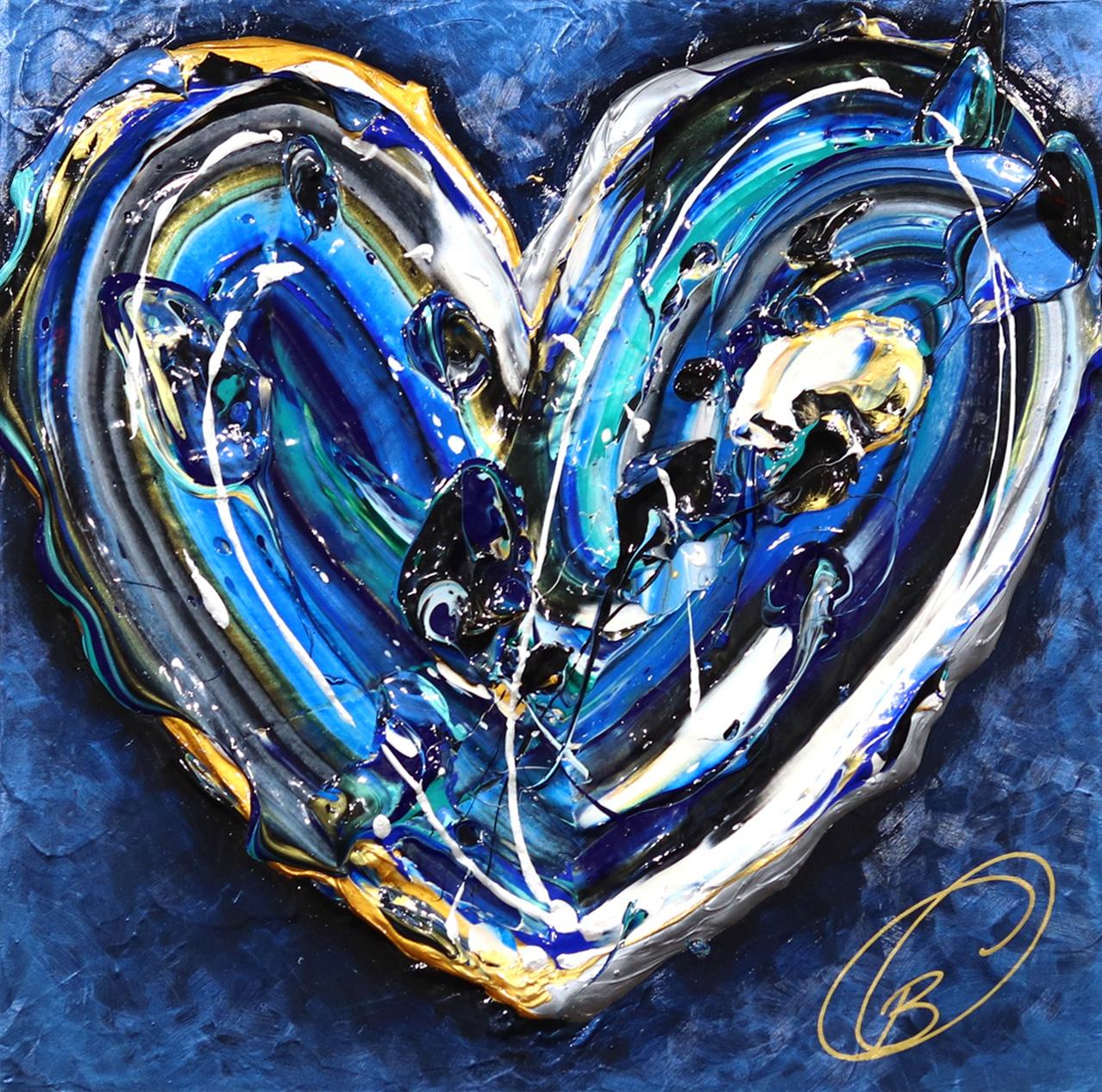 Figurative Painting de Cynthia Coulombe Bégin - Amor en el cielo - Impasto Pintura Gruesa Obra de Arte Original Corazón Azul