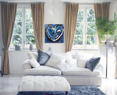 Love in the Sky - Impasto Thick Paint Original Blue Heart Artwork