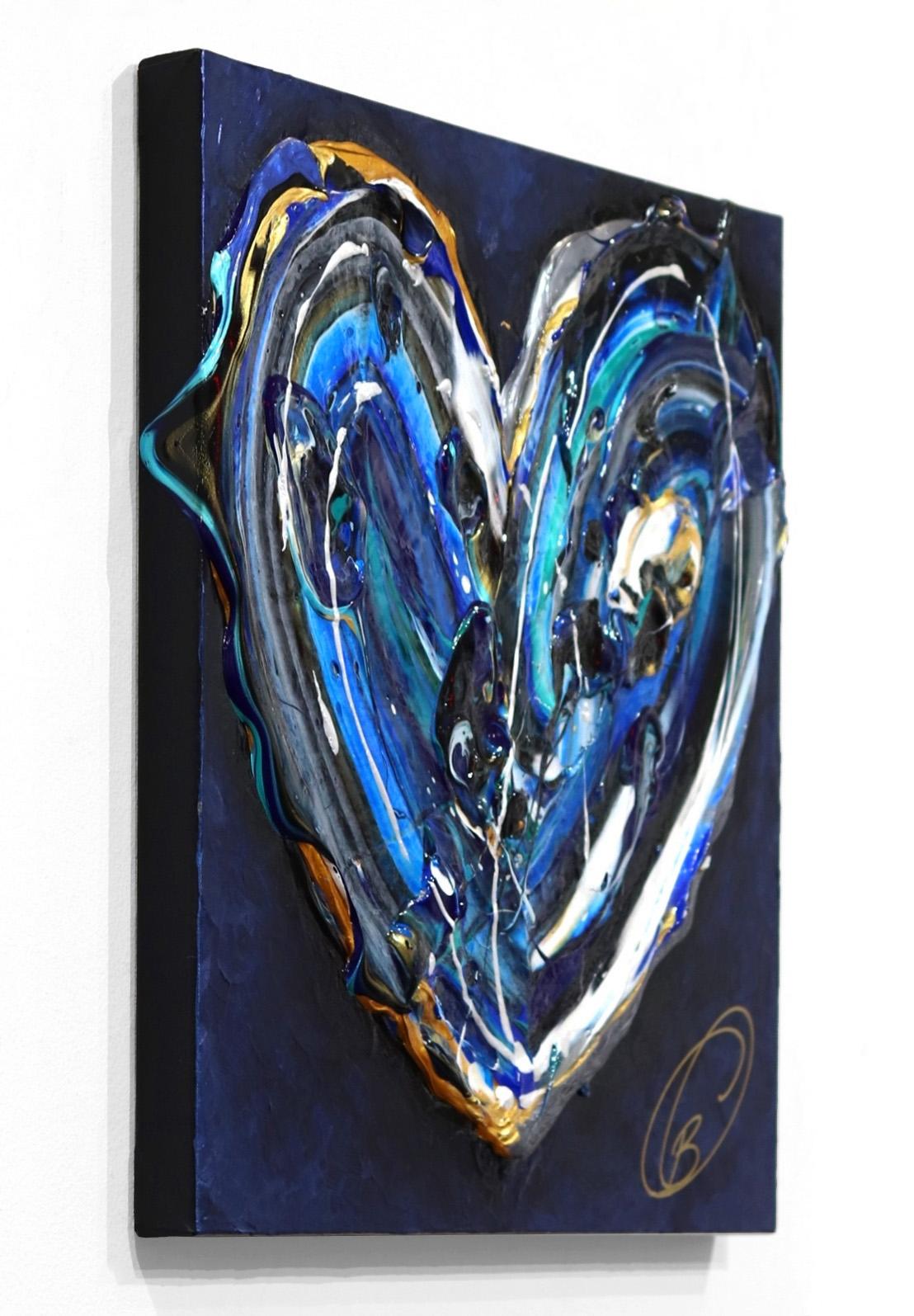 Amor en el cielo - Impasto Pintura Gruesa Obra de Arte Original Corazón Azul - Figurative Painting Púrpura de Cynthia Coulombe Bégin
