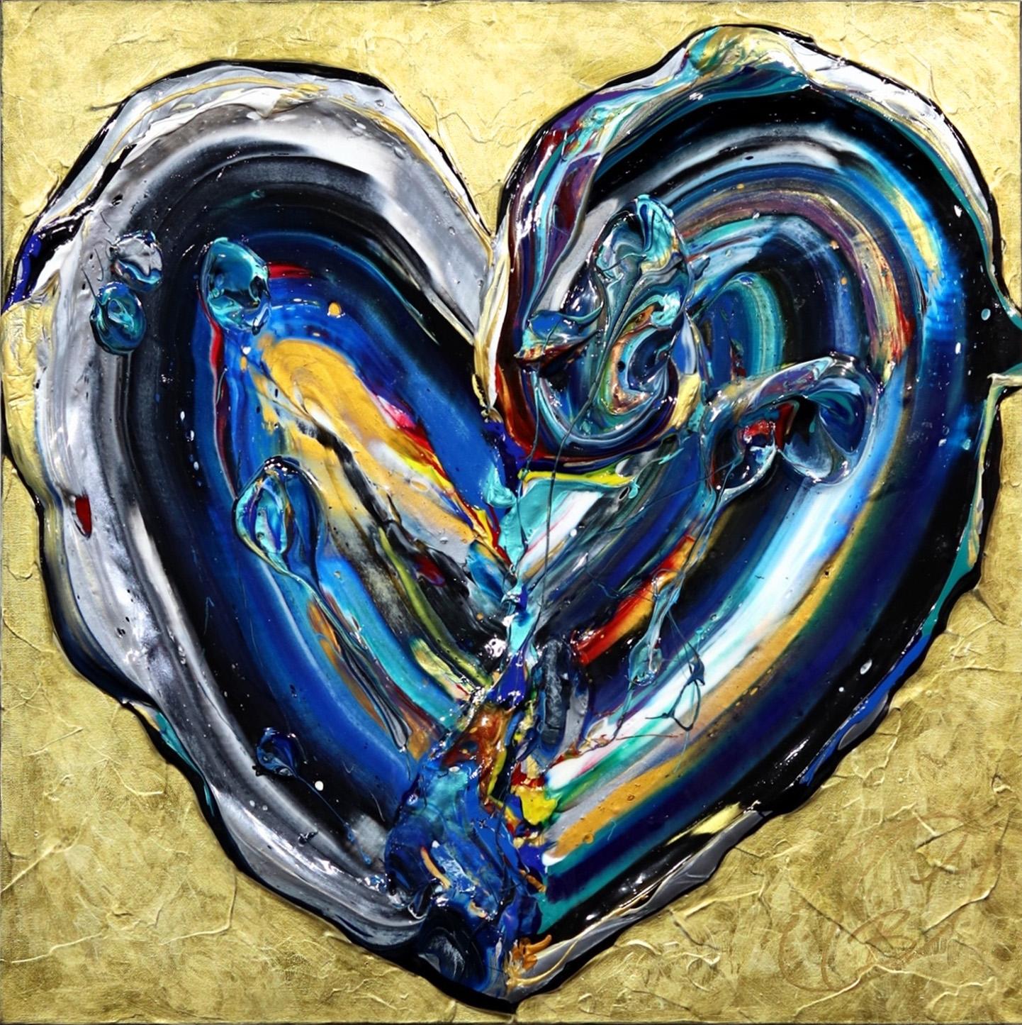 Cynthia Coulombe Bégin Figurative Painting - Perfect Love - Gold Accent Impasto Thick Paint Original Colorful Heart Artwork