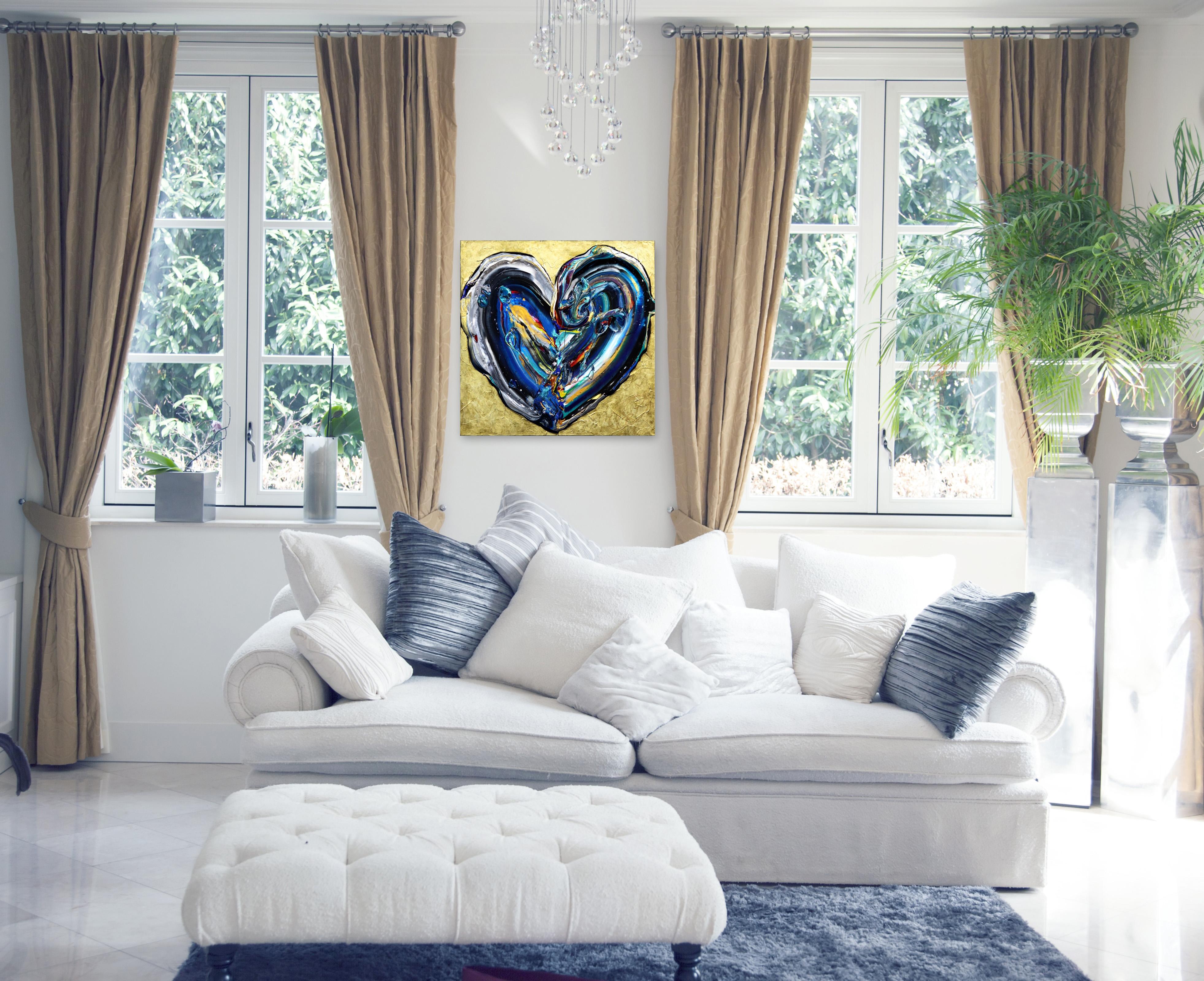 Perfect Love - Gold Accent Impasto Thick Paint Original Colorful Heart Artwork - Painting by Cynthia Coulombe Bégin