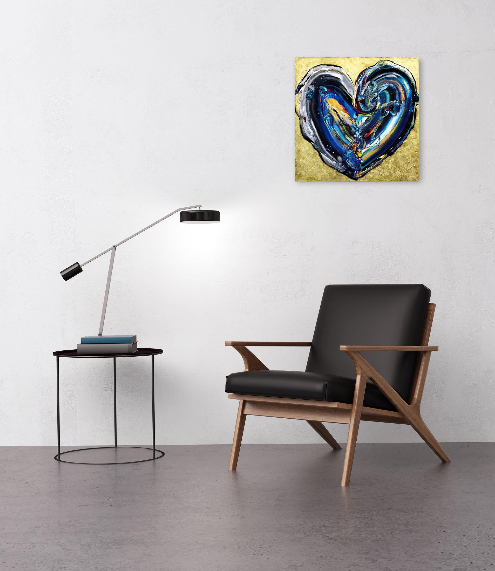 Perfect Love - Gold Accent Impasto Thick Paint Original Colorful Heart Artwork - Contemporary Painting by Cynthia Coulombe Bégin