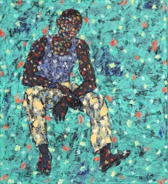 "Dreamer No. 8" Original Emeka Udemba Mixed Media Turquoise Figurative Painting