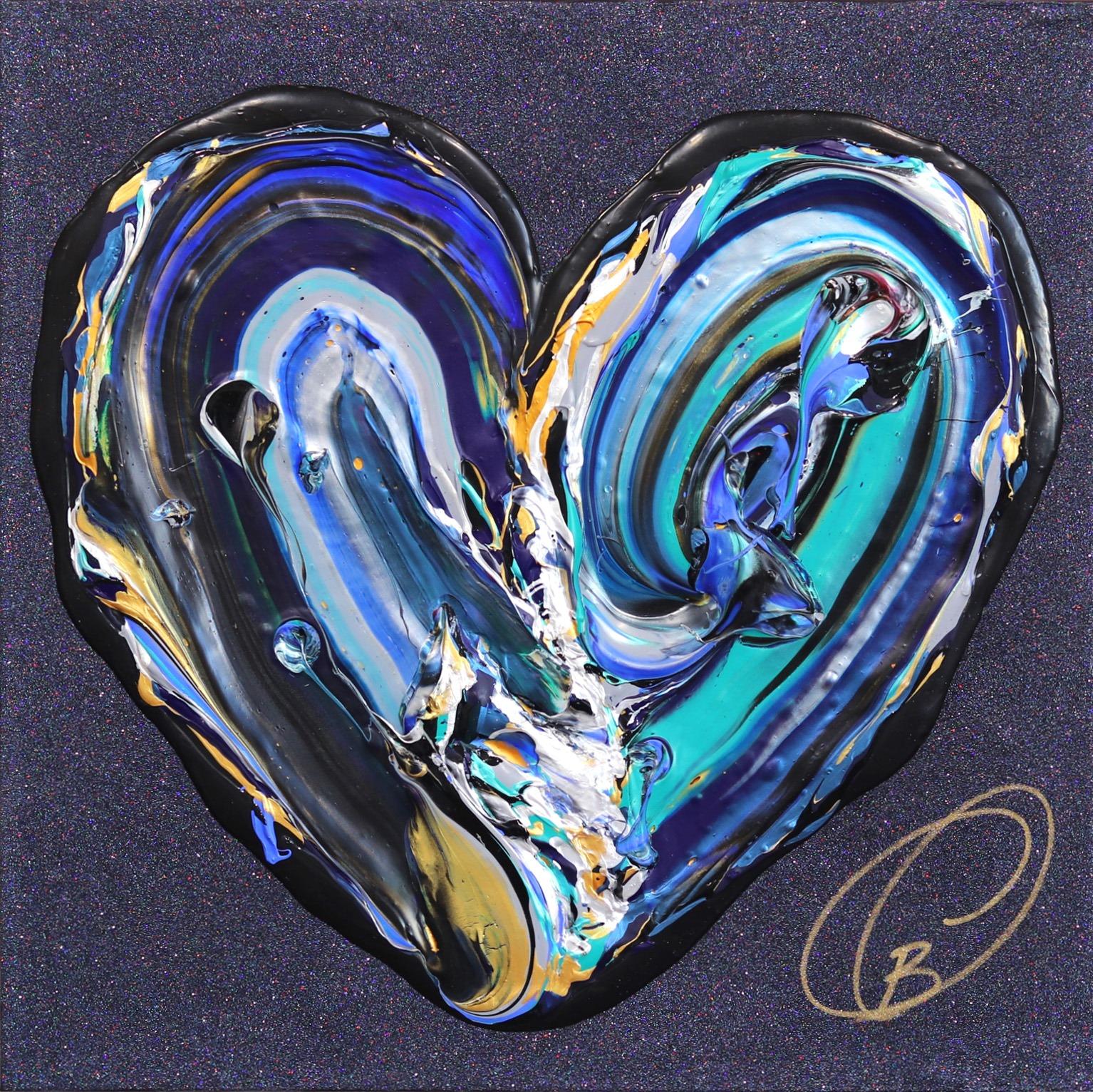 Cynthia Coulombe Bégin Figurative Painting - Love Shines Under The Stars - Impasto Thick Paint Original Navy Blue Heart Art