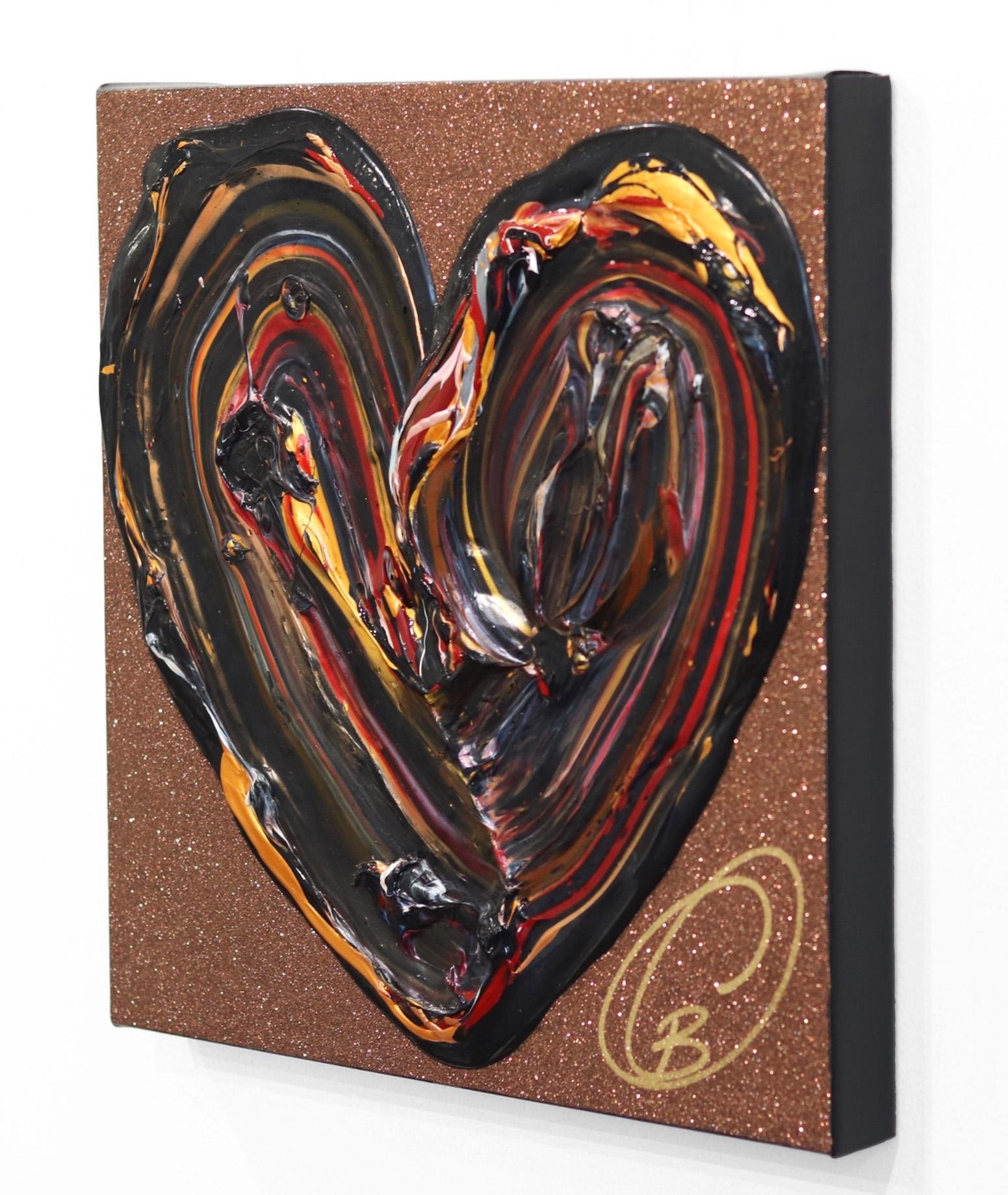 Love On Caffeine - Impasto Thick Paint Original Colorful Heart Artwork - Brown Figurative Painting by Cynthia Coulombe Bégin