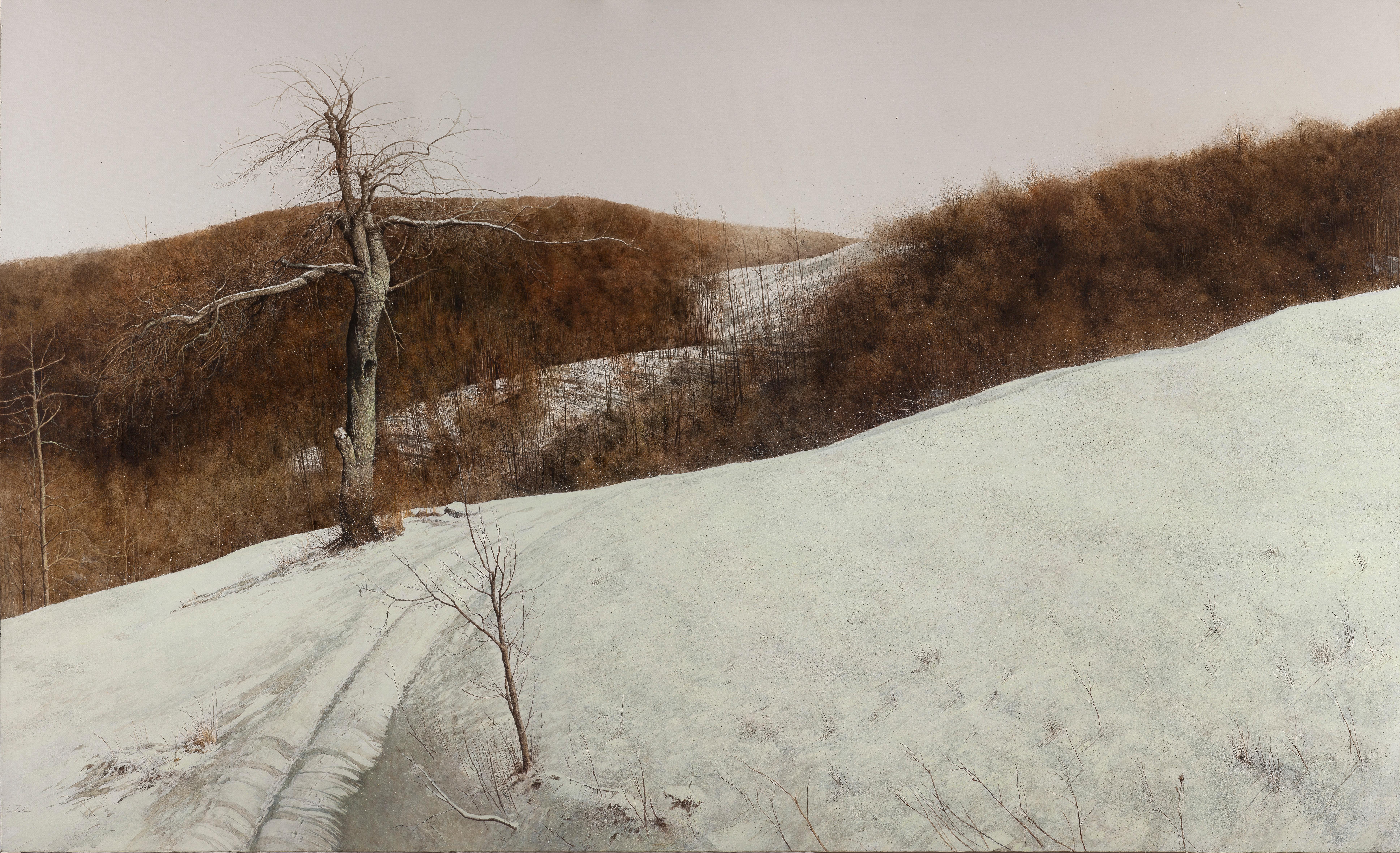 Laura Zuccheri Landscape Art - German snowy landscape, watercoloured in white and ocra by Italian painter