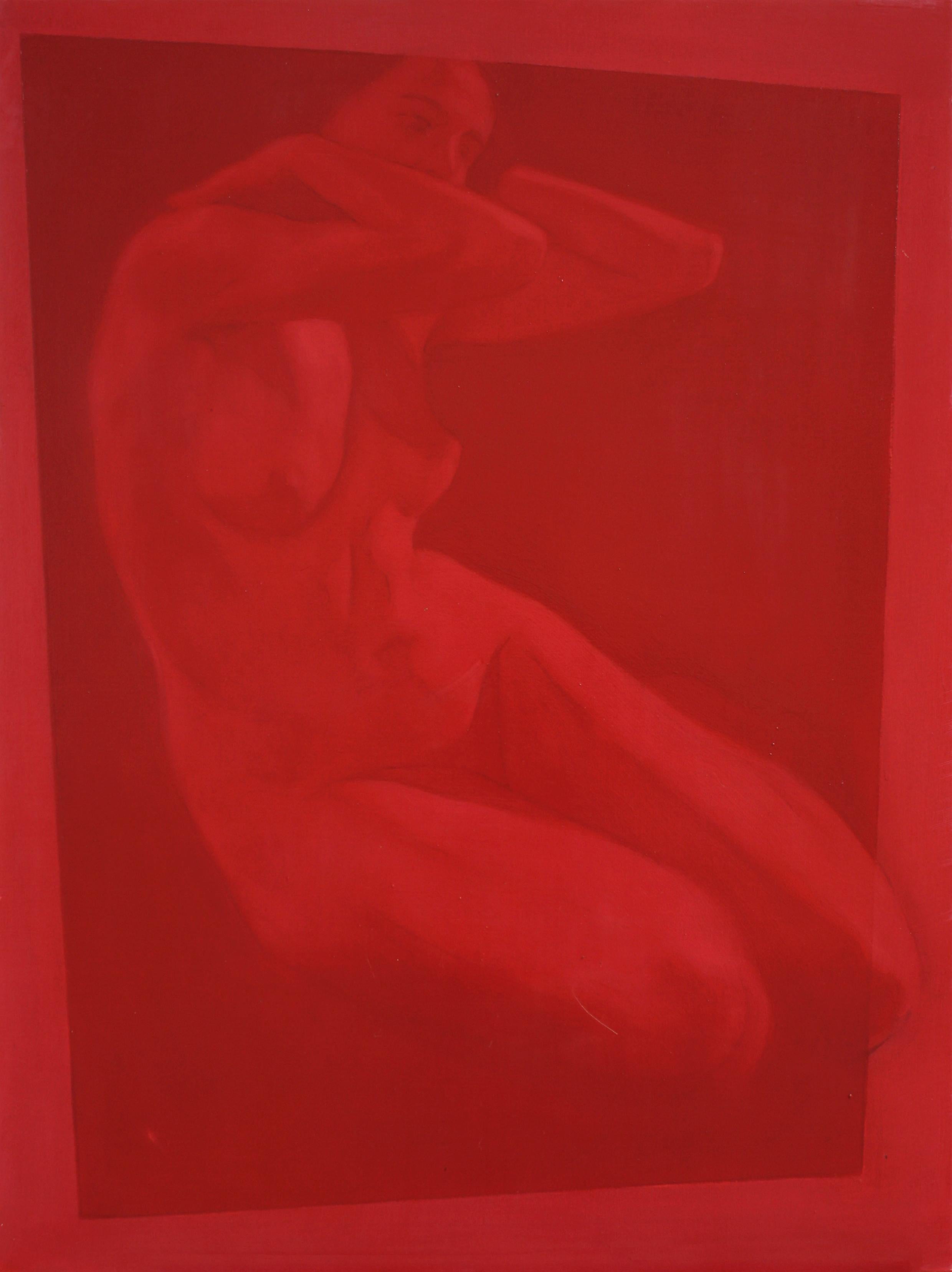 Portrait de femme nue élégante en rouge à l'huile sur toile du peintre italien contemporain - Art de Simone Geraci