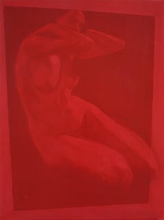 Elegant woman nude portrait in red oil on canvas by contemporary Italian painter