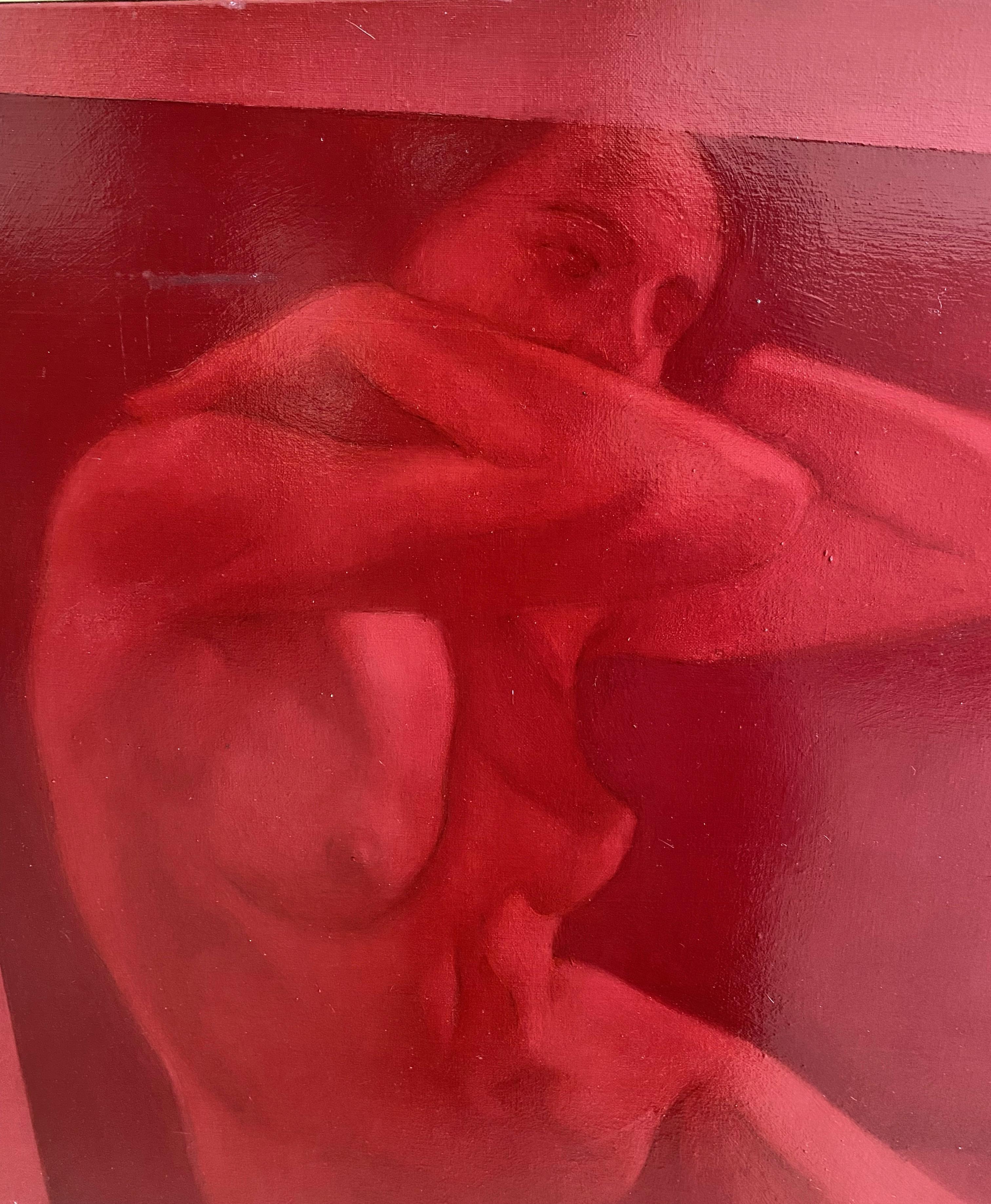 Portrait de femme nue élégante en rouge à l'huile sur toile du peintre italien contemporain - Contemporain Art par Simone Geraci