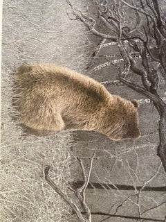Forest landscape drawing with bear of black and white by fine italian artist