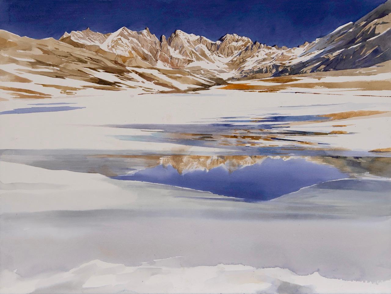 Valtellina winter olympic view and lake watercolour blue and ocra sunshine day - Art by Silvia De Bastiani