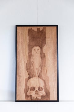 Vanitas: Pyrography on Eucalyptus Wood, Skull, and Owl