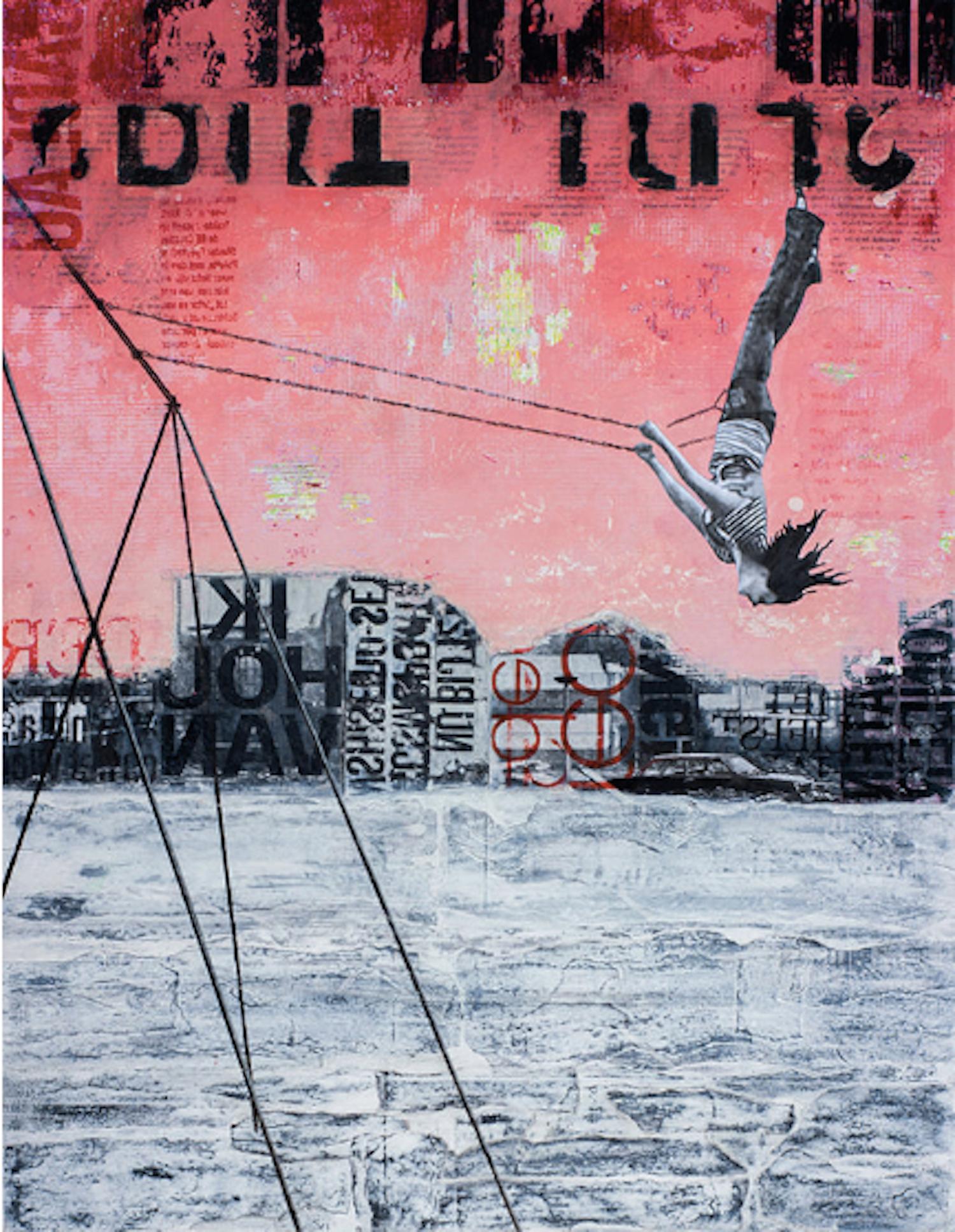 Deb Waterman Figurative Painting - Friday Swing - street art urban landscape grey and red painting on paper