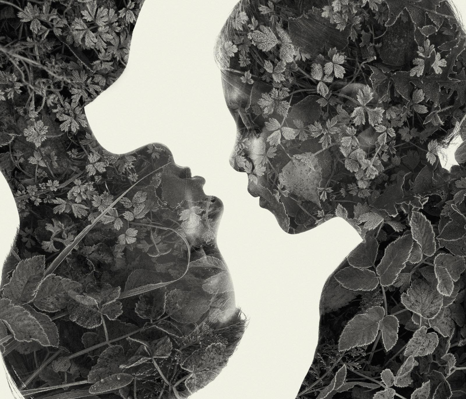 Christoffer Relander Landscape Photograph - Blood ties - black and white portrait and nature multi exposure photograph