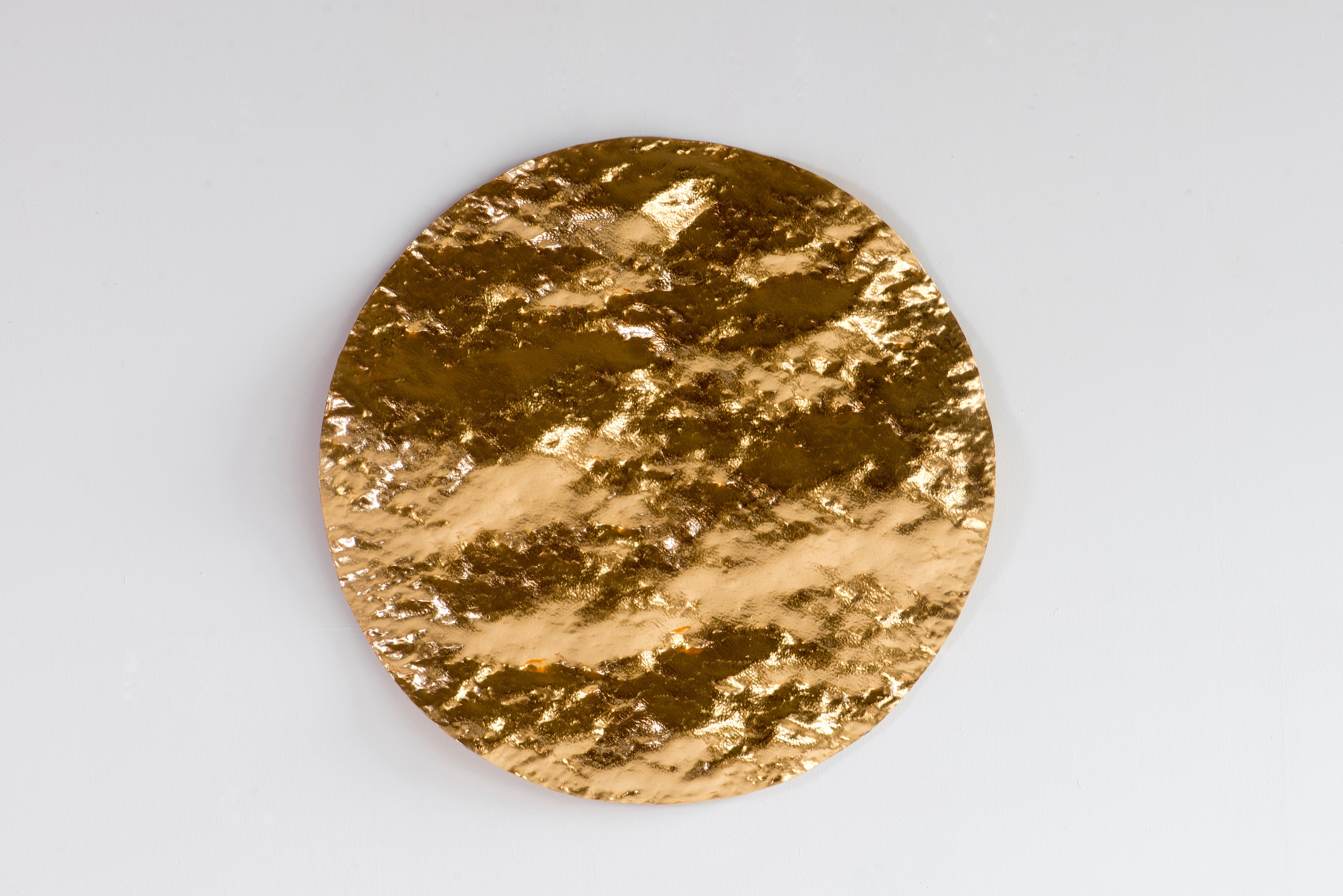 Ocean Sunset #1 -abstract textural round mural glass sculpture with gold leaves 